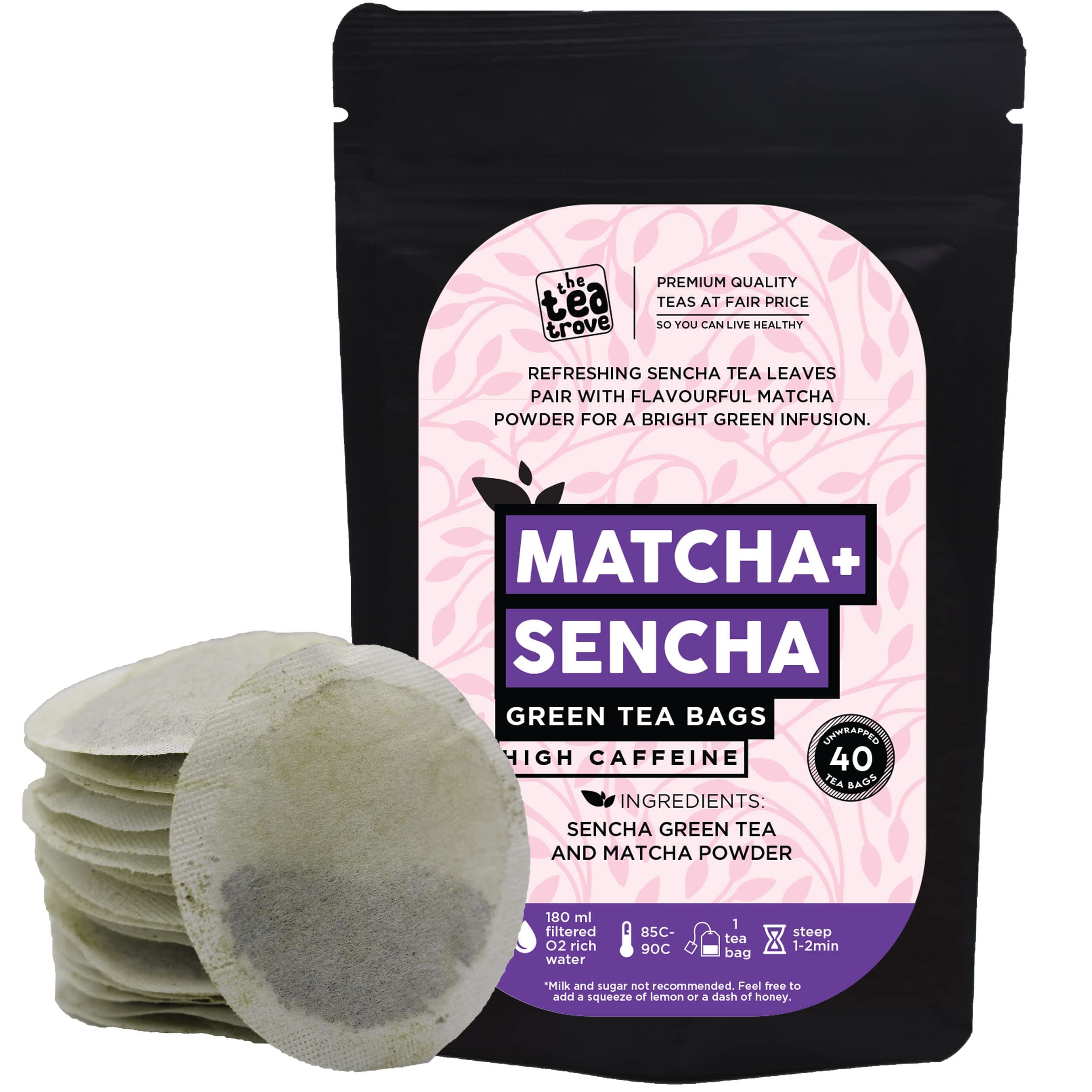 The Tea Trove Japanese Matcha Green Tea Bags-40 Eco-Friendly Matcha Tea + Sencha Green Tea Bag In Resealable Pouch,0.06 Kg