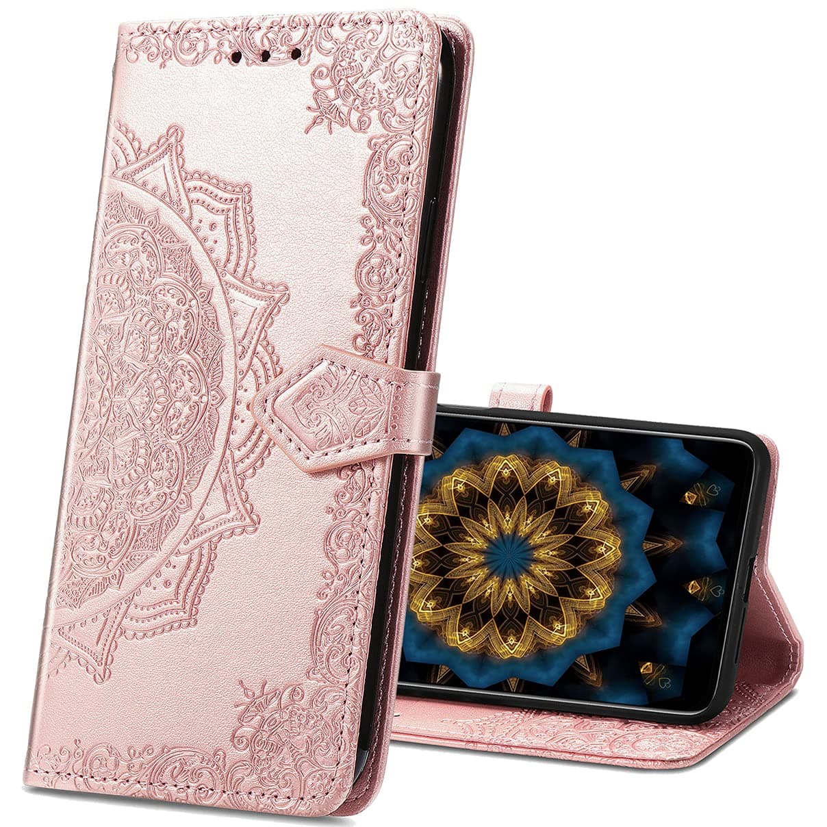 MRSTERSamsung J2 Core Leather Case, Slim Premium PU Flip Wallet Cover Mandala Embossed Full Body Protection with Card Holder Magnetic Closure for Samsung Galaxy J2 Core 2018. SD Mandala - Rose Gold