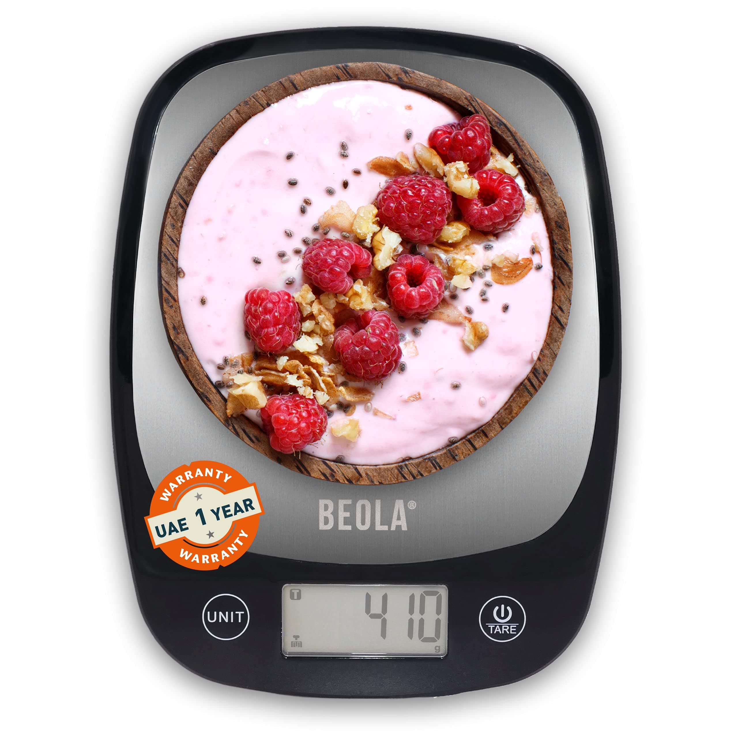 BEOLA Food Kitchen Scales UAE warranty Stainless Steel Digital Scale Measuring Grams and Ounces oz bella Steel/Black