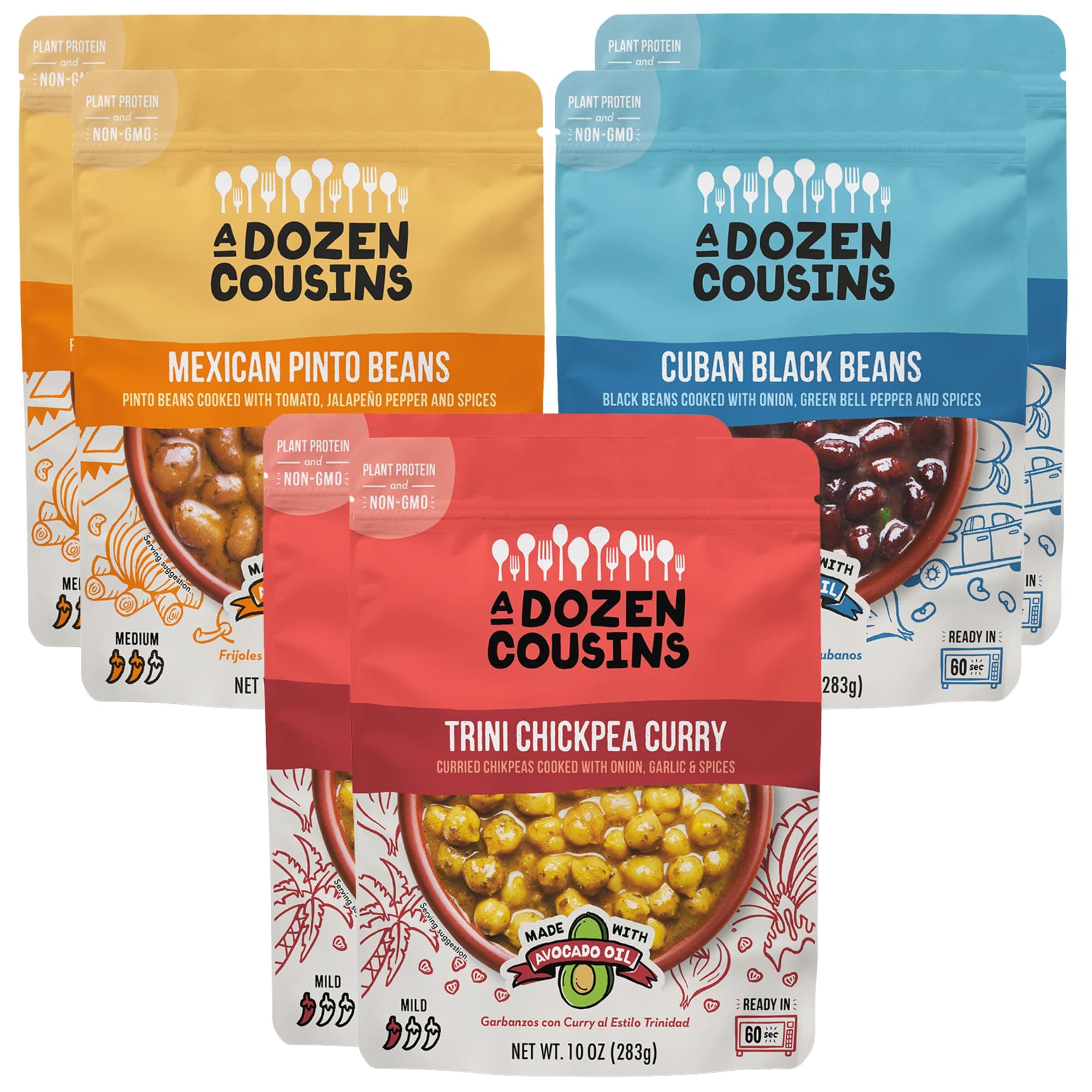 A Dozen Cousins Vegan Bean Variety Pack 6pk, Seasoned Healthy Microwave Beans in Avocado Oil, Ready to Eat Prepared Food, Easy Plant Protein with Fiber, Gluten Free Quick Meal, Clean Ingredients