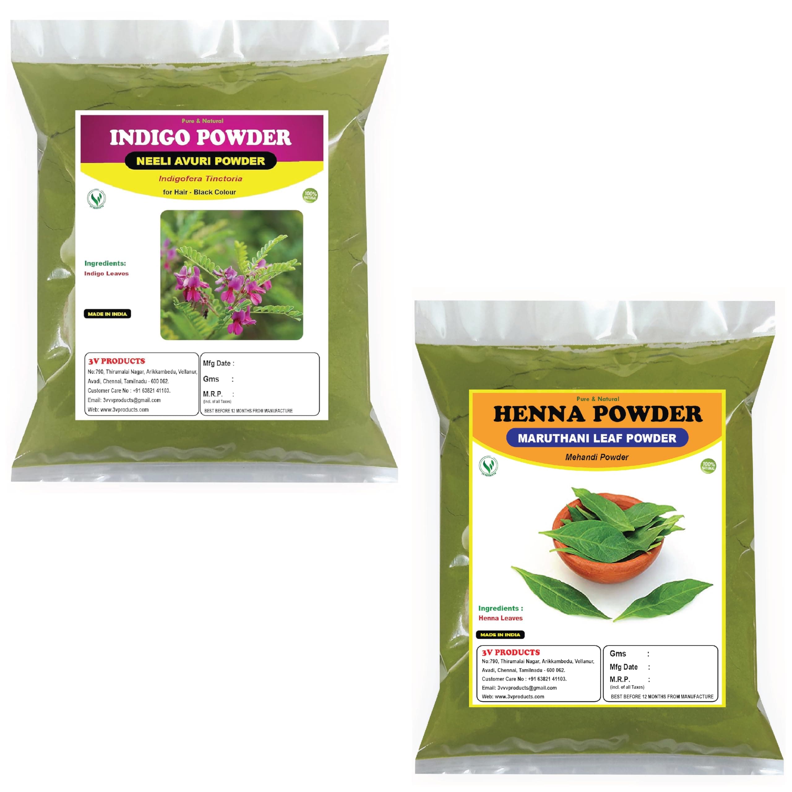 3V PRODUCTS Natural Indigo Powder | Neeli Avuri 50g + Henna Powder | Mehandi | Maruthani 50g Combo for Hair Colour | Hair Care | Hair Thinning | Suitable for All Hair Types (Unisex)