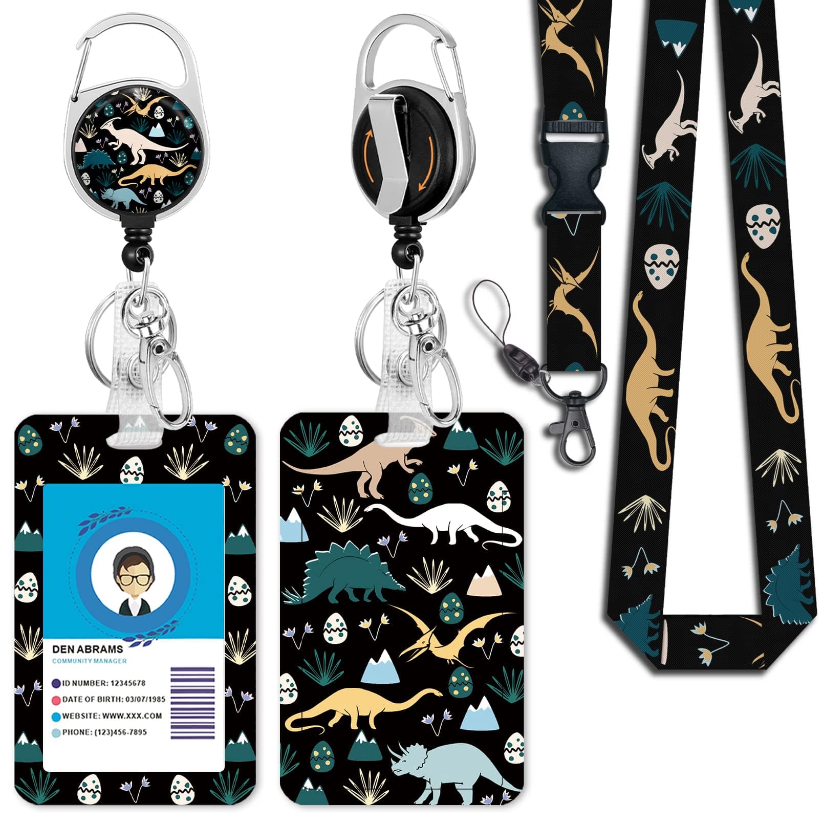 Cute Dinosaur Lanyards for Id Badges, Retractable ID Badge Holder with Detachable Lanyard, Fashionable Badge Reel Heavy Duty with 360 Degrees Rotate Carabiner Clip, Nurse Teacher Office Gifts