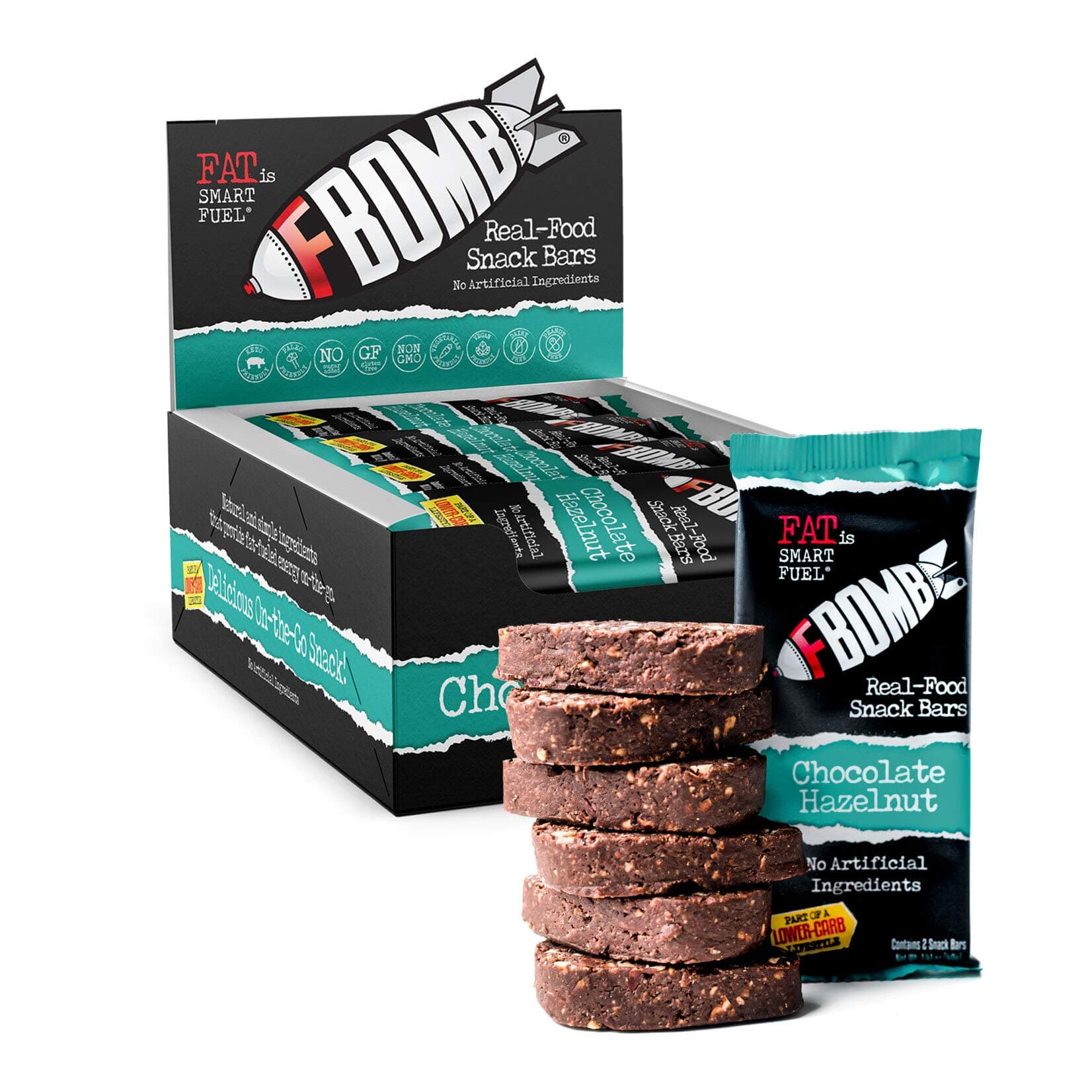 FBOMB Real Food Snack Bars: Clean, Low Carb, Natural Ingredients | Paleo & Keto Snack Bar | Gluten Free, Dairy Free, Non-GMO | Chocolate Hazelnut - 12 Pack (24 Servings)