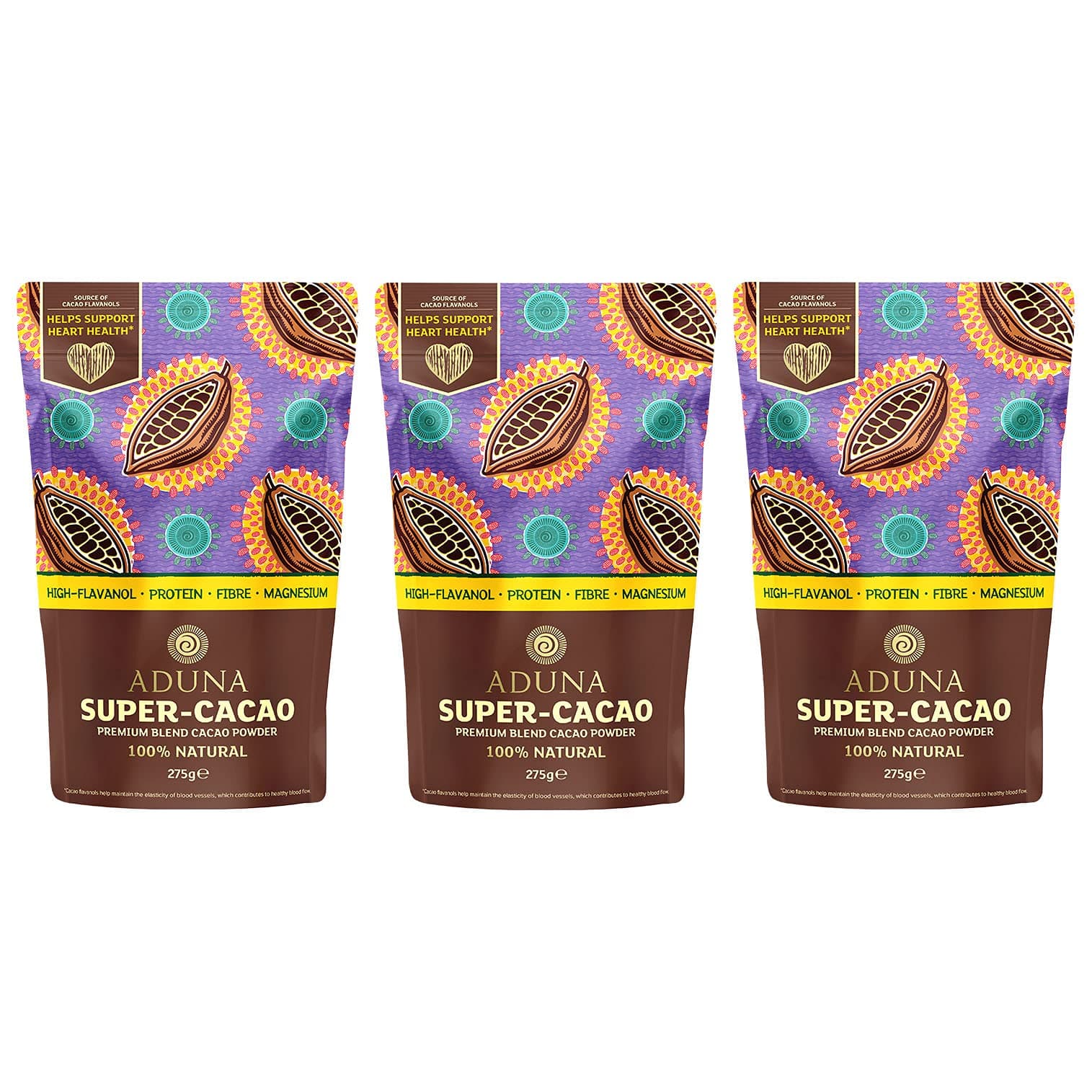 New Aduna Super-Cacao Powder | Natural Raw African Cacao Powder for Cardiovascular Health | Ghanaian Low Cadmium Cacao | 3X 275g Resealable and Recyclable Pack