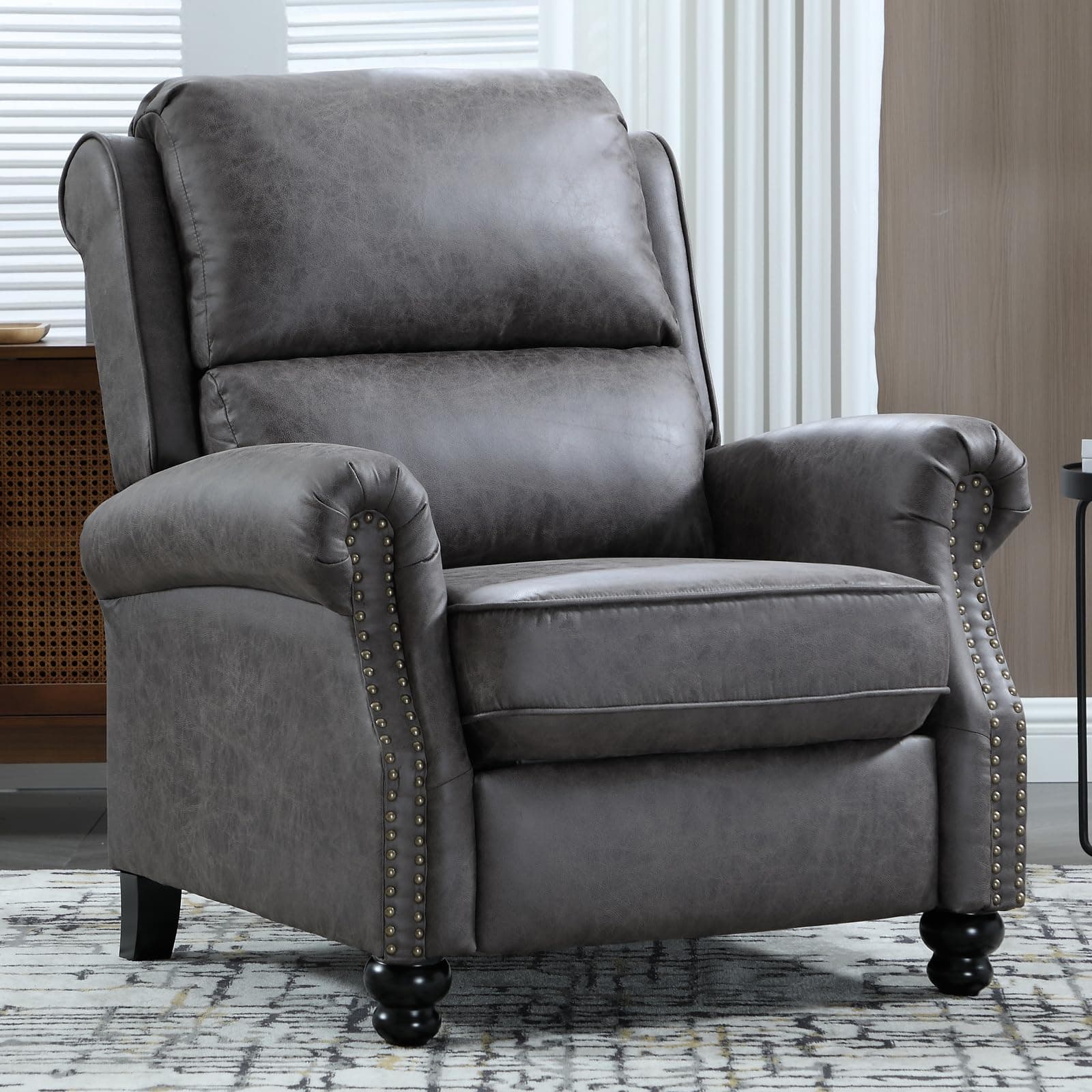 CANMOV Pushback Recliner Chair Faux Leather Armchair Push Back Recliner with Rivet Decoration Single Sofa Accent Chair for Living Room, Grey