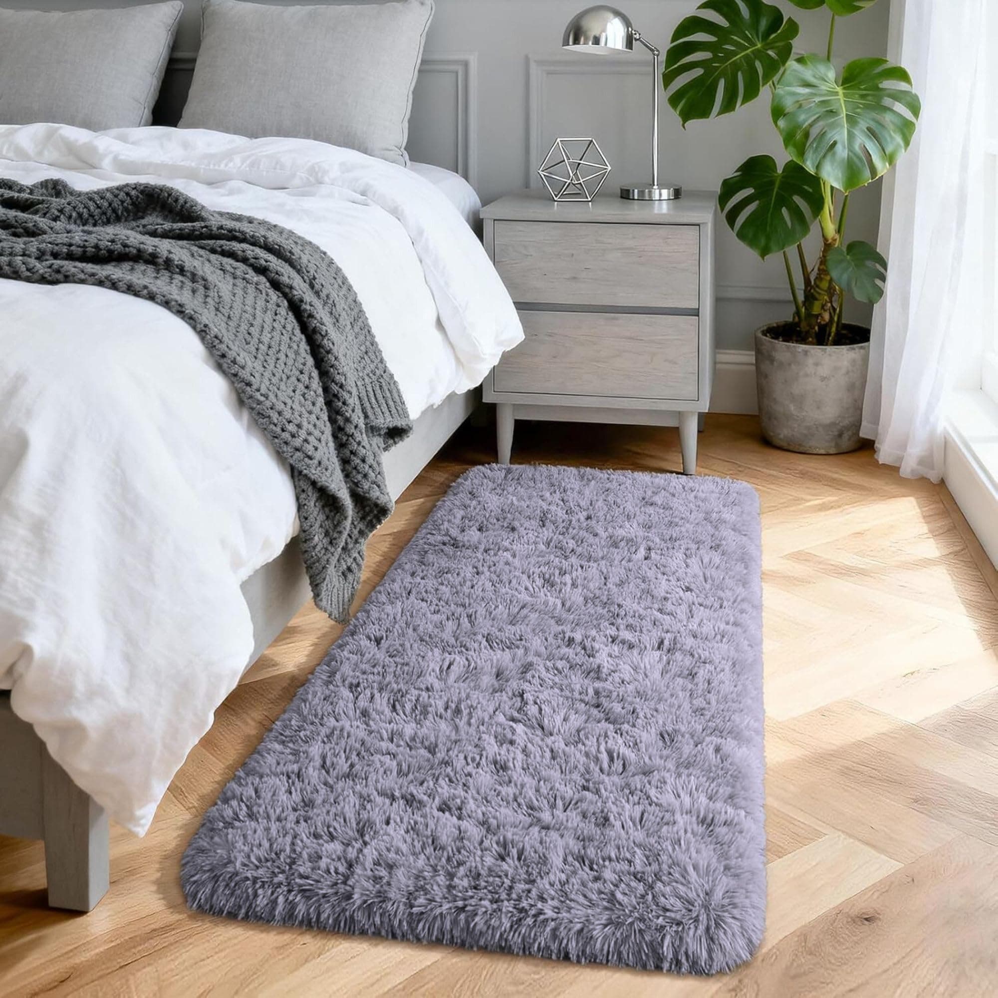 Aspire Homeware Rugs Living Room - Grey Area Rugs for Bedroom Anti Slip - Modern Super Soft Fluffy Shaggy Runner Rug Thick Pile Non Shedding, 60cm x 110 cm