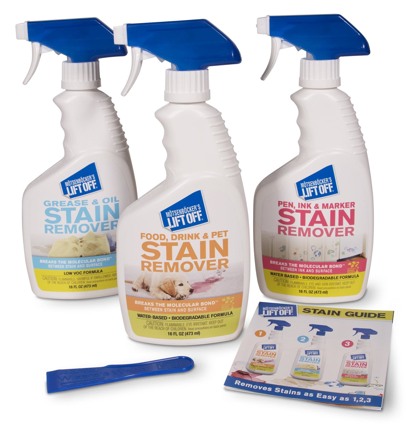 Motsenbocker’s Lift Off 99089 3-in-1 Stain Removal Kit 16-Ounce Spray Bottles Fast and Easy Removal of All Types of Stains Use for Pre-Wash Laundry Treatment Safe on Non-Washables Low VOCs, Set of 3