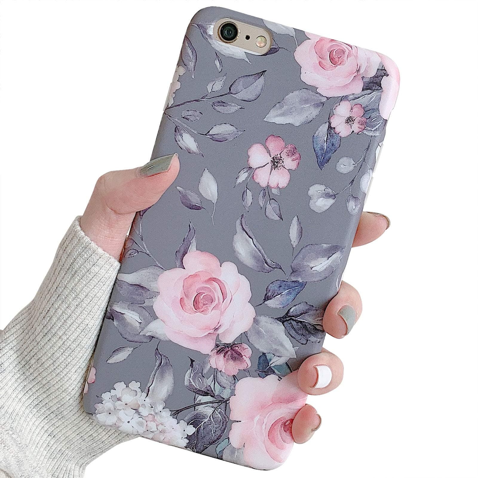 for iPhone 6 Plus / 6s Plus Case for Women Girls, Flexible Soft Slim Fit Full-Around Protective Cute Phone Case with Floral and Purple Gray Leaves for iPhone 6Plus / 6sPlus(Pink Flowers)