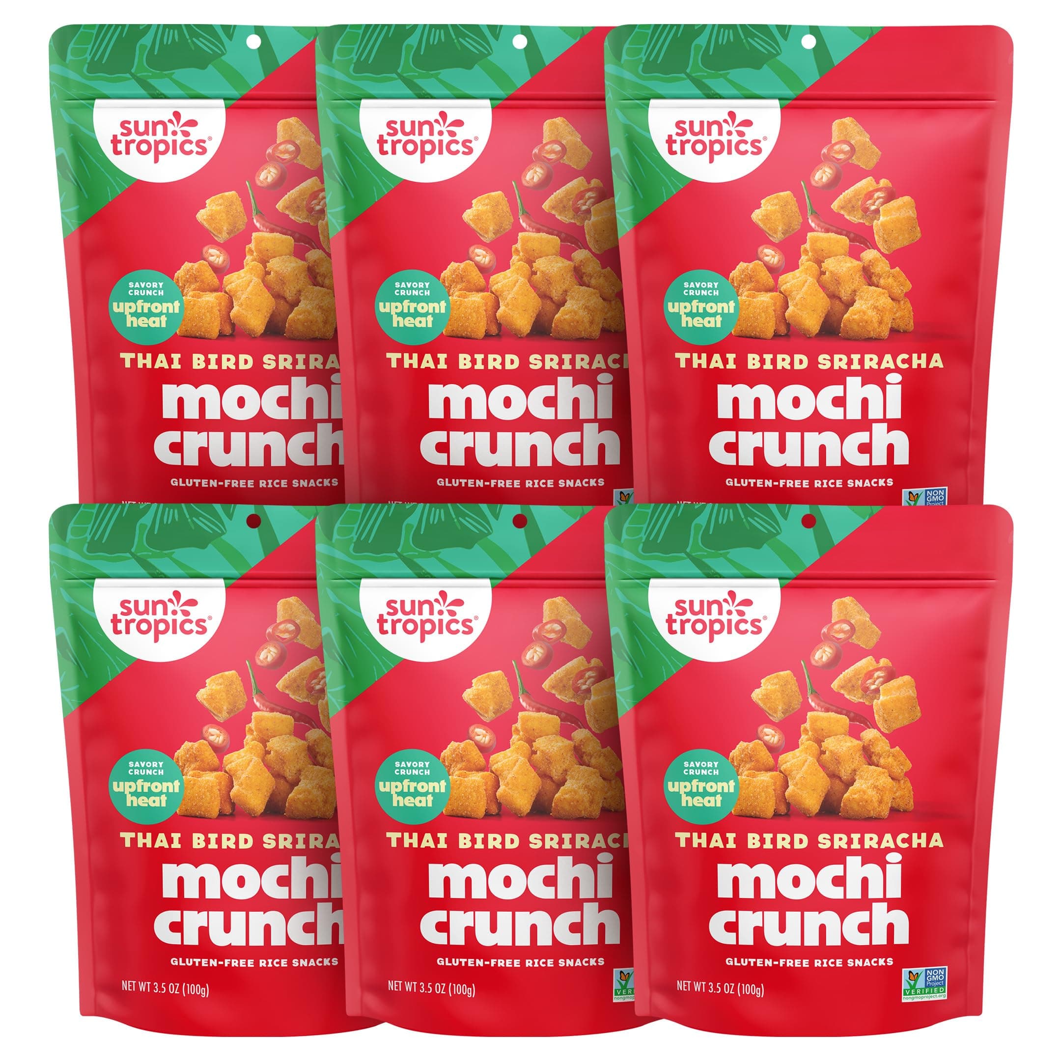 Sun Tropics Mochi Snack Bites, Thai Bird Sriracha Flavor- 3.5 oz (6 Pack)| Crispy Spicy Mochi Bites, Rice Nuggets | Mochi Puff Rice Crackers- Gluten Free & Dairy Free- No MSG Added | Asian Rice Snacks
