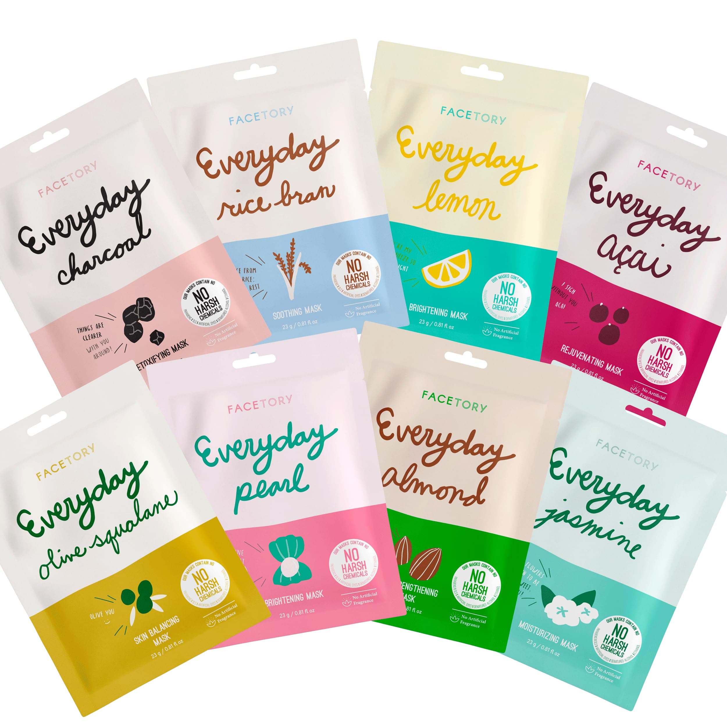 FACETORY K Beauty Face Mask Skin Care - EVERYDAY 8 COLLECTION Sheet Mask Set | Natural Premium Korean Face Mask For All Skin Types - No Sulfates No Parabens (8 pc)