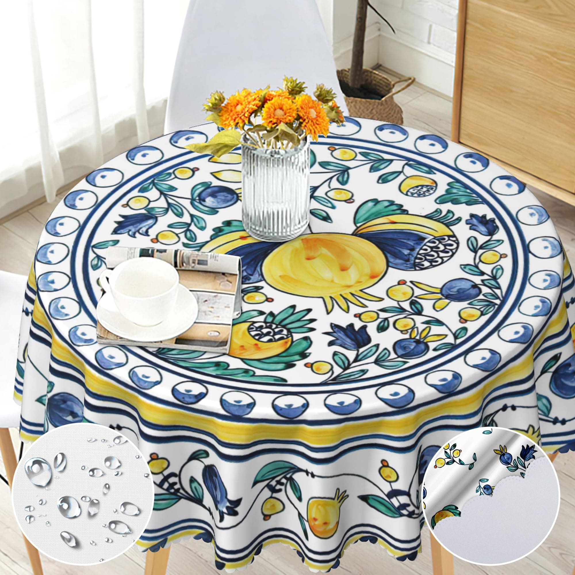 Round Tablecloth 60 inch, Floral Table Cloth Round Cover, Stain Resistance, Water Repellent, Wrinkle-Free, Colorful Flower Circle Tablecloth for Home Kitchen Dining Party Patio Indoor and Outdoor Use