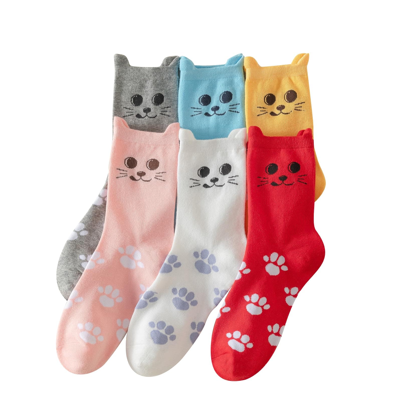 Flydo 6 Pack Women's Cat Socks Cute Cat Paw Gifts for Women Fun Animals Socks Funny Cotton
