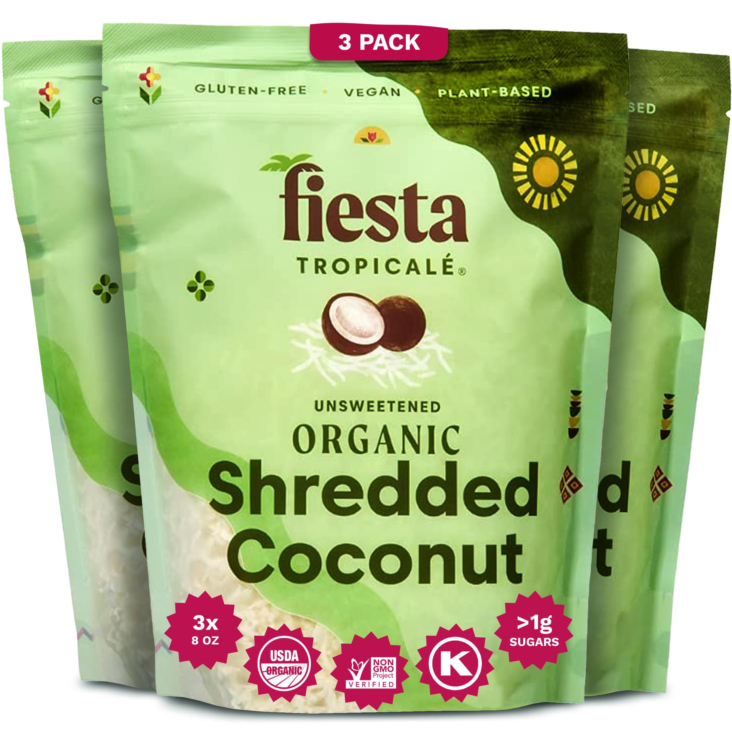 Unsweetened Shredded Coconut - 8 Oz, Pack of 3 - Gluten-Free, Raw, Organic Dried Coconut Flakes - Perfect for Vegan Baking, Cooking, Smoothies, Granola, and Keto Recipes - Fiesta Tropicalé