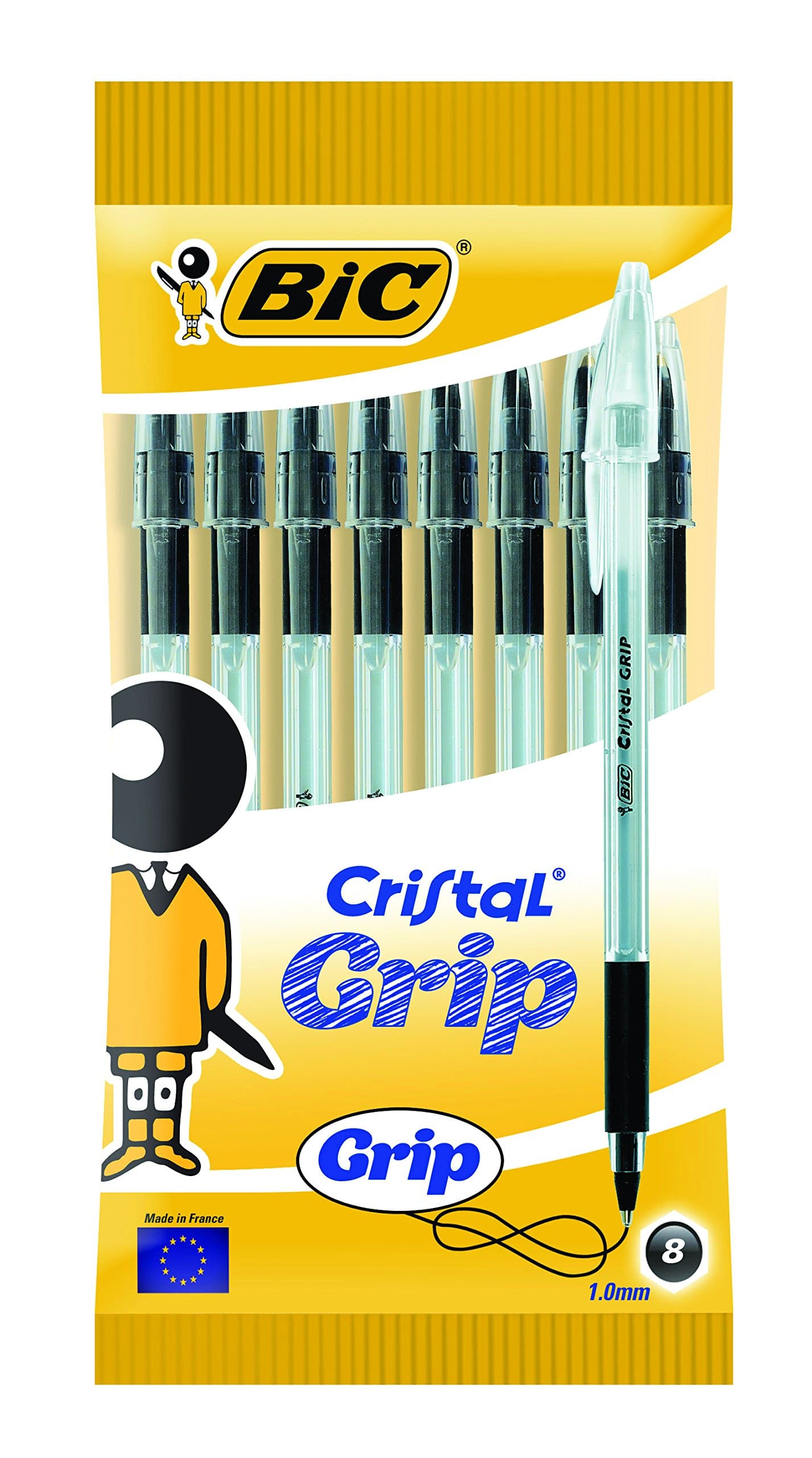 BIC Cristal Grip Ballpoint Pens - Black - Pack of 8 - Writing Pens with Medium Tip (1.0 mm) and Long-Lasting Cartridges