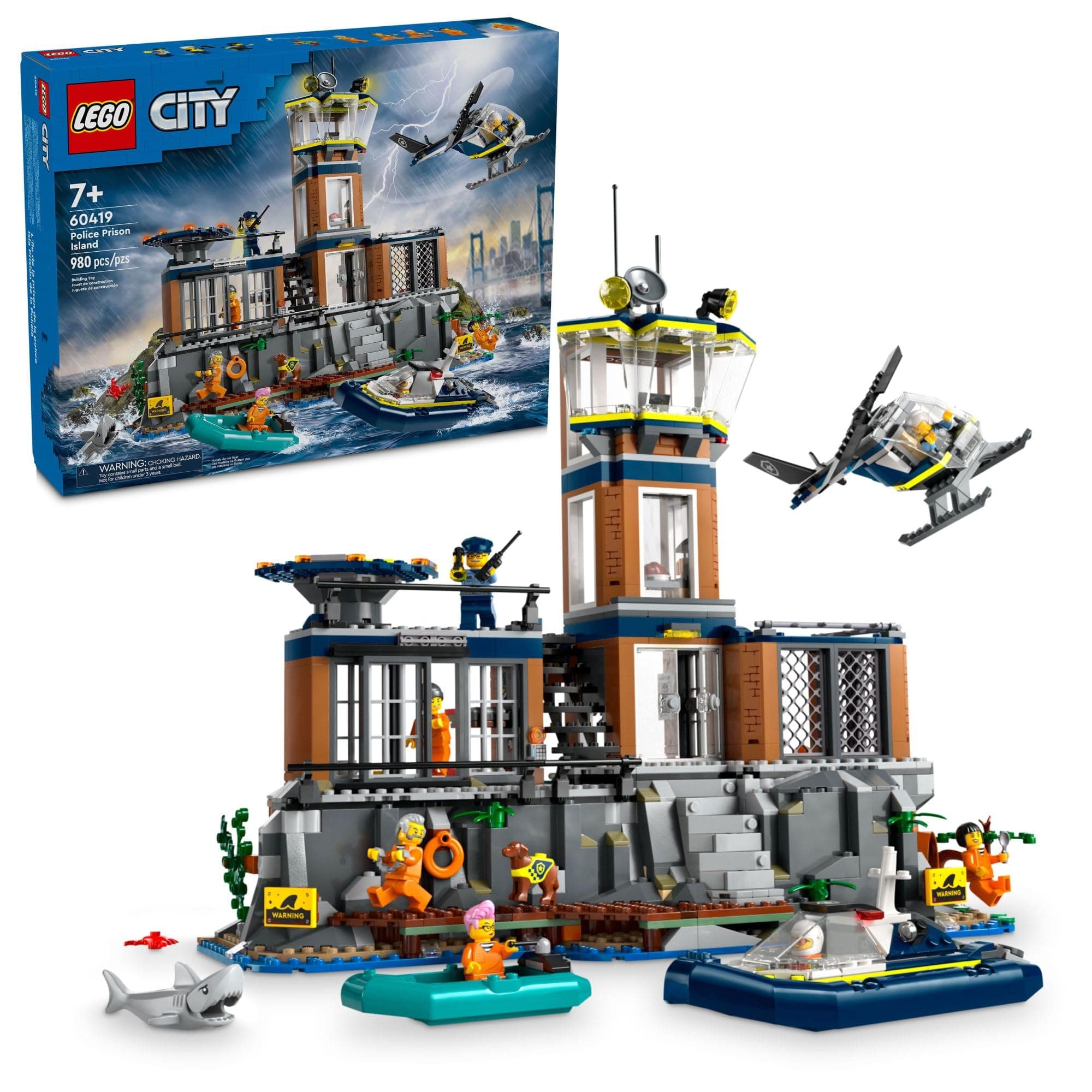 City Police Prison Island Building Set, Birthday Gift for Boys and Girls Ages 7 Plus, Imaginative Play, Helicopter Toy, Boat Toy and Dinghy, 7 Minifigures with Dog and Shark, 60419