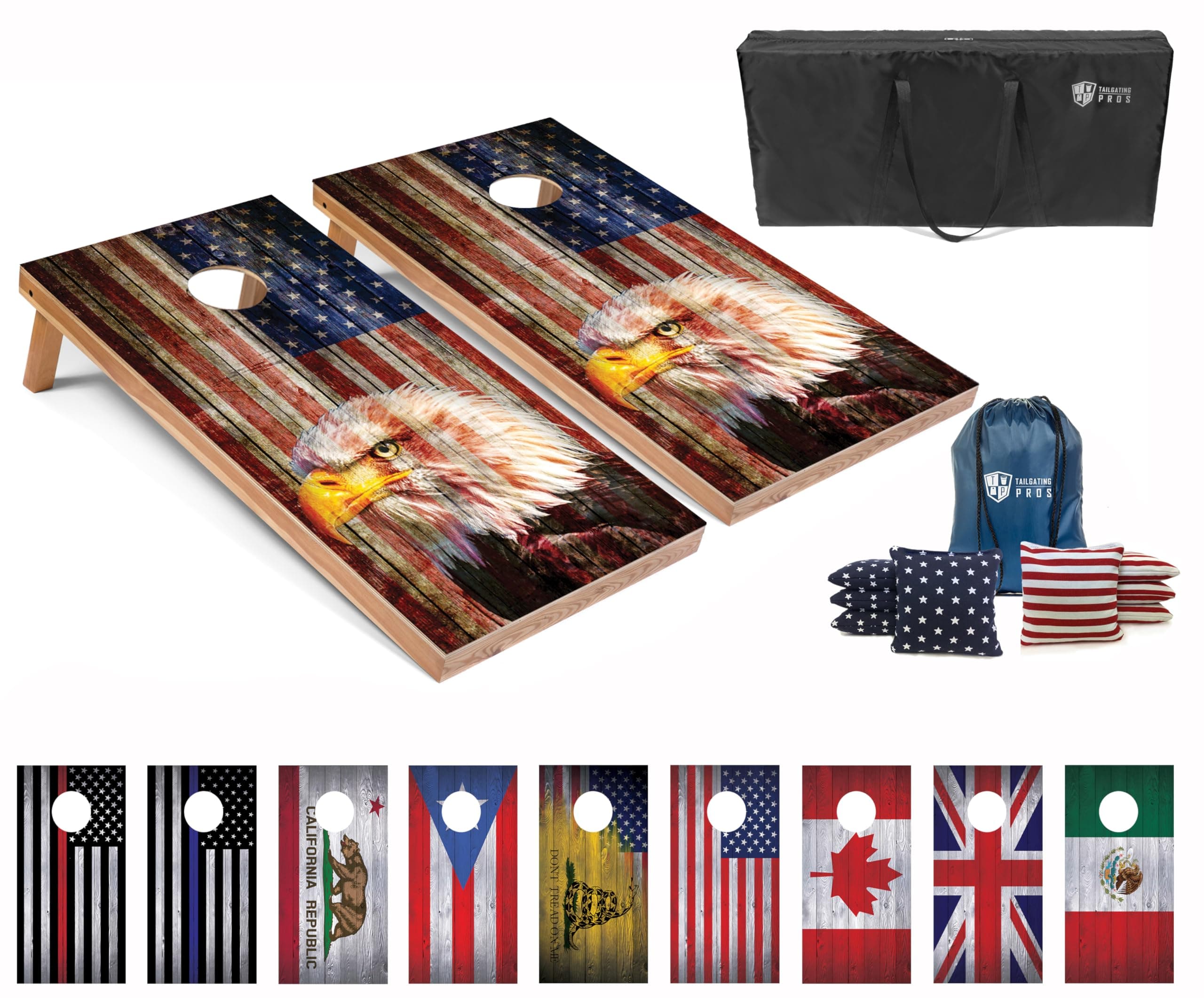Tailgating Pros Regulation Cornhole Boards Flag Set - Includes 8 Bean Bags, Carrying Cases, and 4'x2' Corn Hole Toss Game