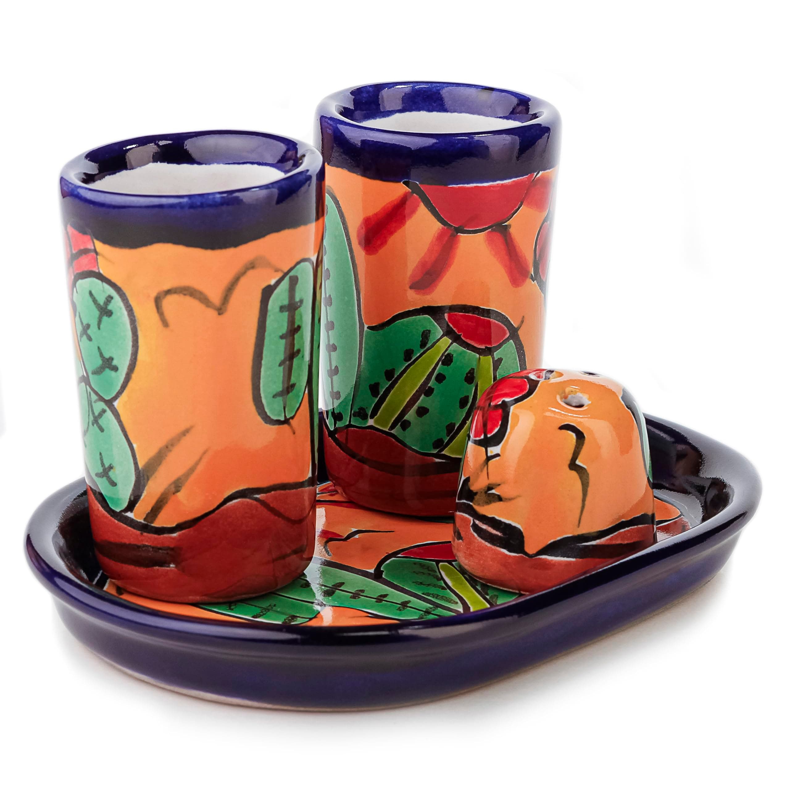 Authentic Mexican Talavera Tequila Shot Glasses, Salt Shaker with Tray - Set of 4 pieces - Artisanal colorful hand-painted - Vaso Tequilero Scotch (Cactus)