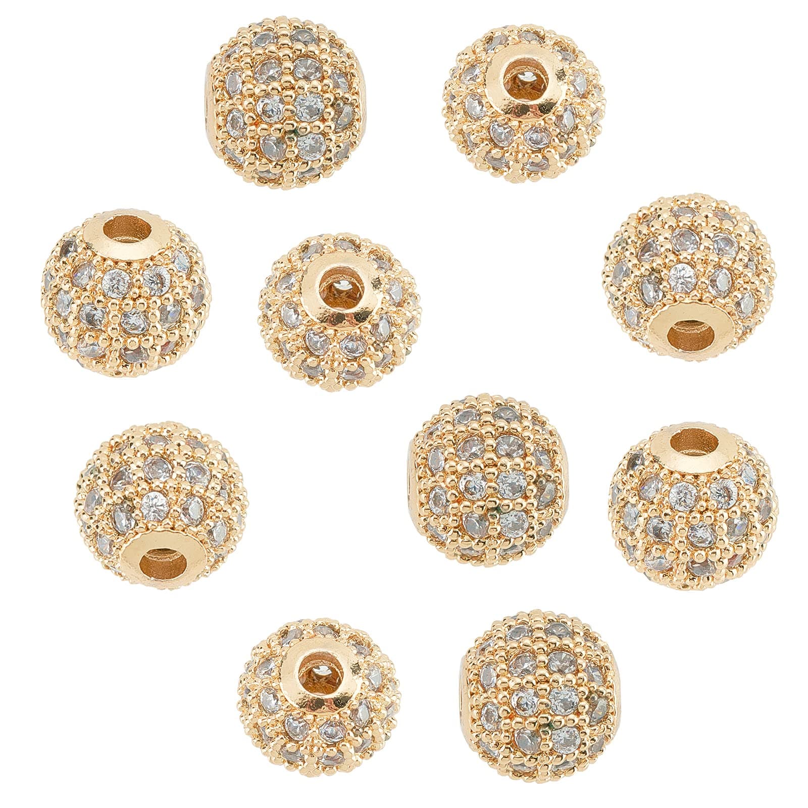 10 Pcs Rack Plated Brass Cubic Zirconia Round Beads 8mm for DIY Jewellery Making Charms,Golden,Hole: 2mm