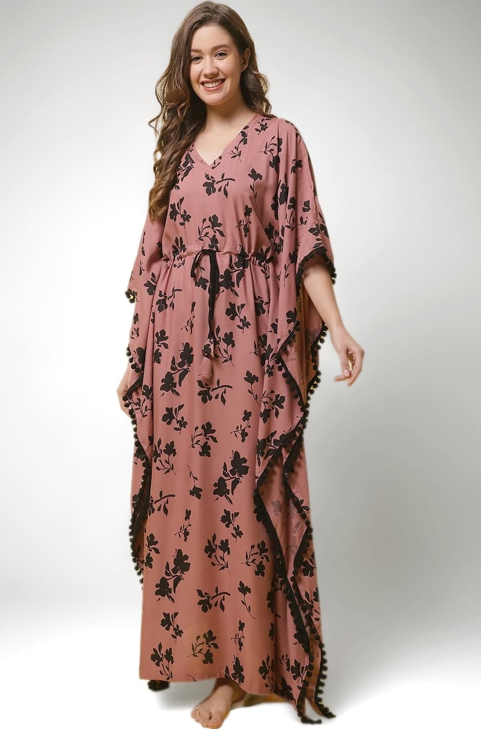 Claura Rust Floral Women Maxi Kaftan Nighty Rayon Free Size/Kaftan