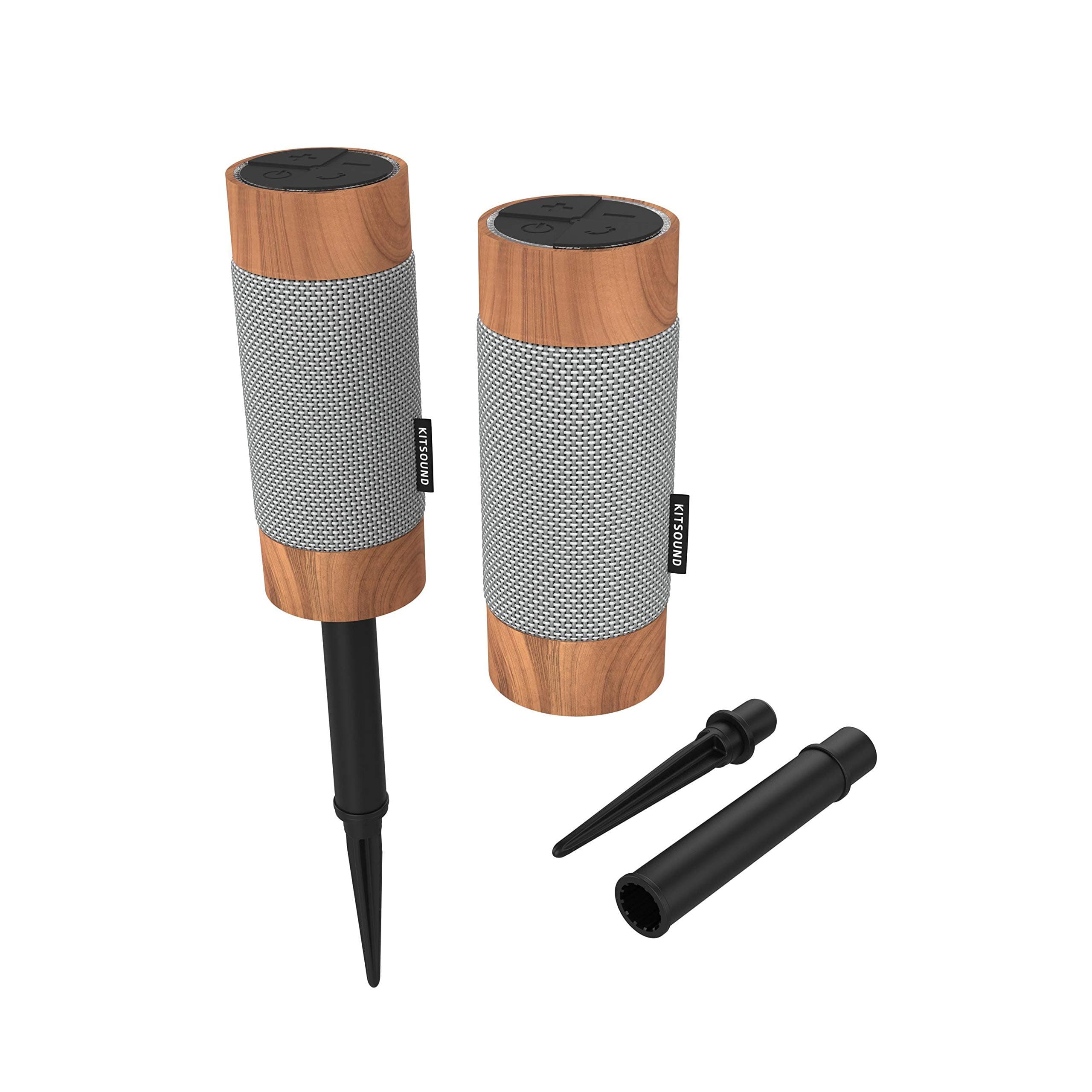 KitSound Diggit Outdoor Wireless Water Resistant Bluetooth Garden Speaker with Removable Stakes - Twin Pack - Silver/Wood