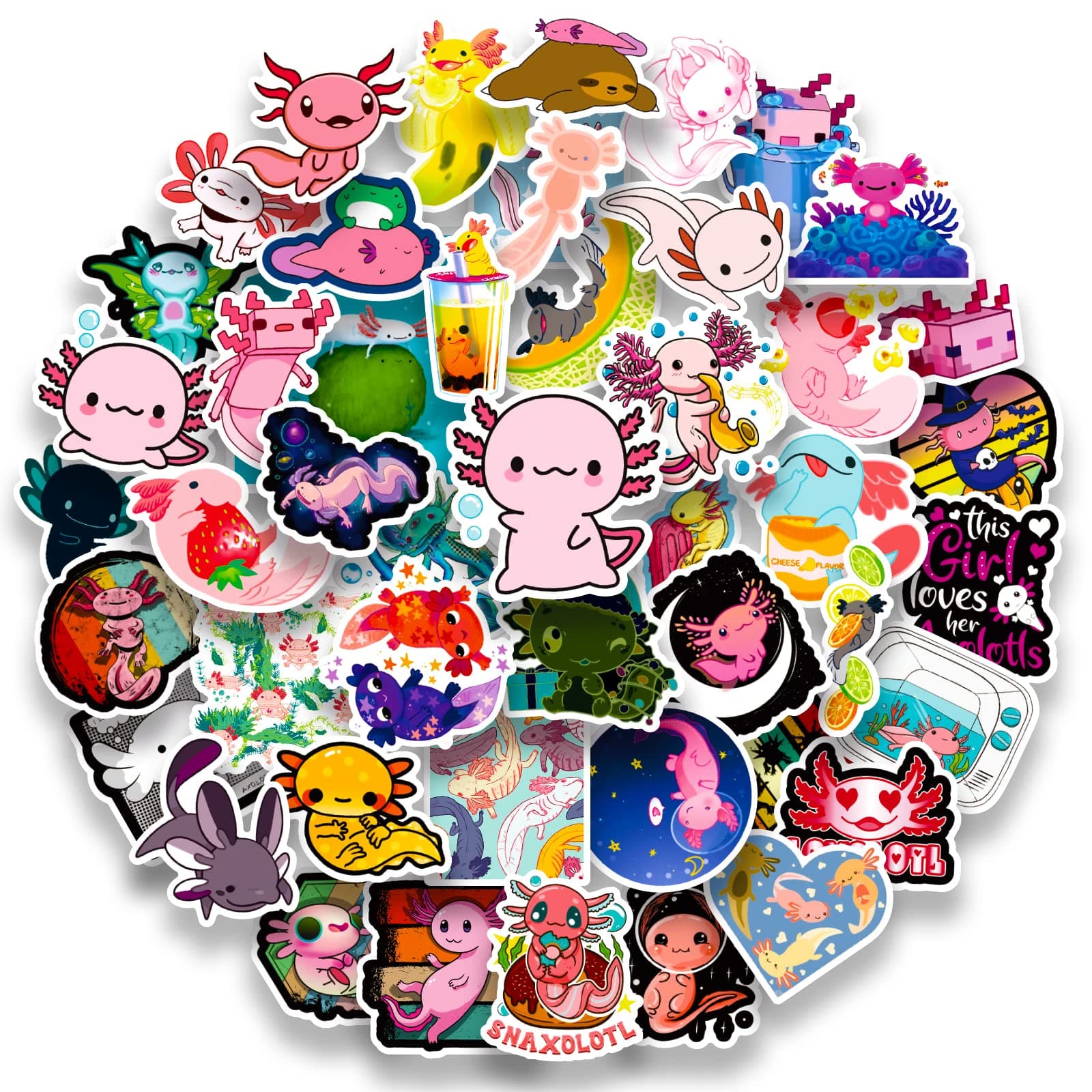 Axolotl Stickers,50 PCS Cute Axolotl Waterproof Stickers,Vinyl Stickers for Water Bottle,Laptop,Phone,Skateboard Stickers for Teens Girls Kids