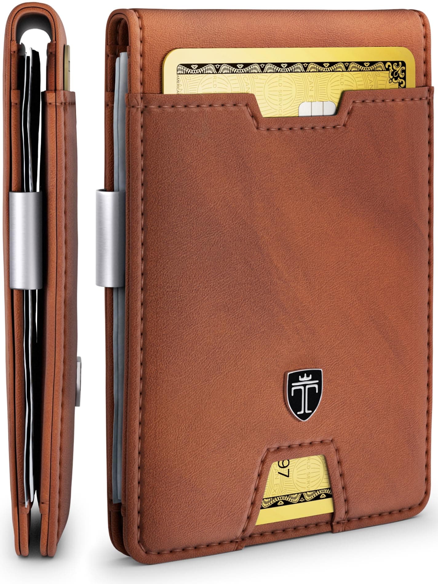 TRAVANDO Mens Slim Wallet with Money Clip AUSTIN RFID Bifold Credit Card Holder for Men with Gift Box, cognac brown