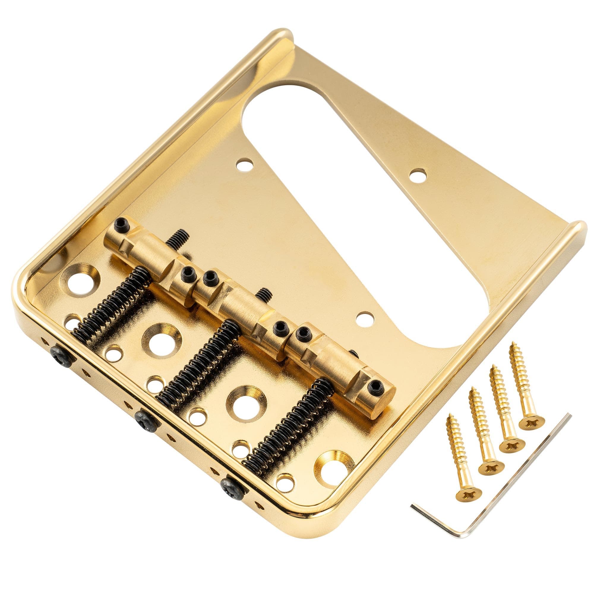 Musiclily Ultra 54mm (2-1/8 inch) Full Solid Aluminum Plate Vintage Tele Bridge with Brass Compensated 3-Saddle for Telecaster Style Electric Guitar, Gold