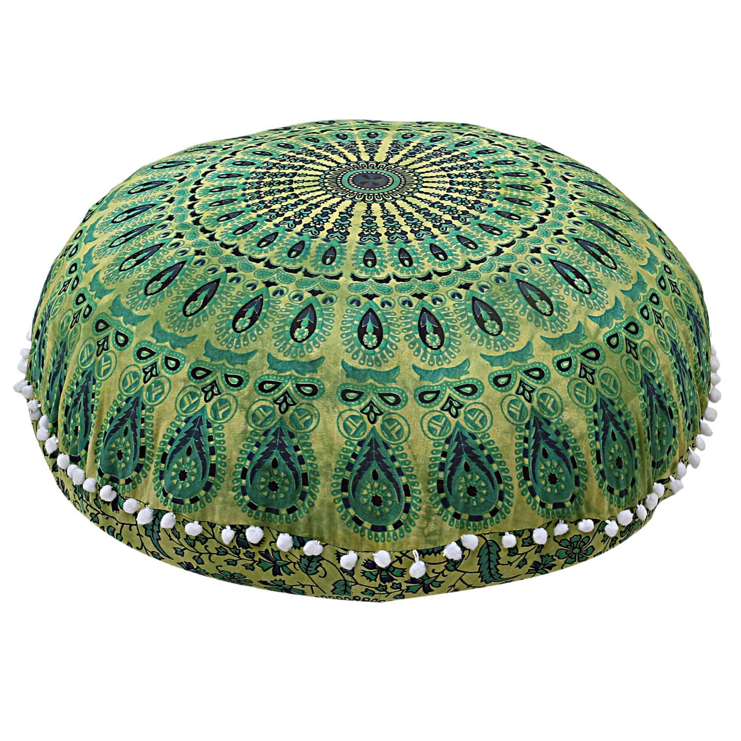 Mandala Floor Pillow Cushion Seating Throw Cover Hippie Decorative Bohemian Ottoman Poufs, Pom Pom Pillow Cases,Boho Indian (32 Inches, Green Dye)