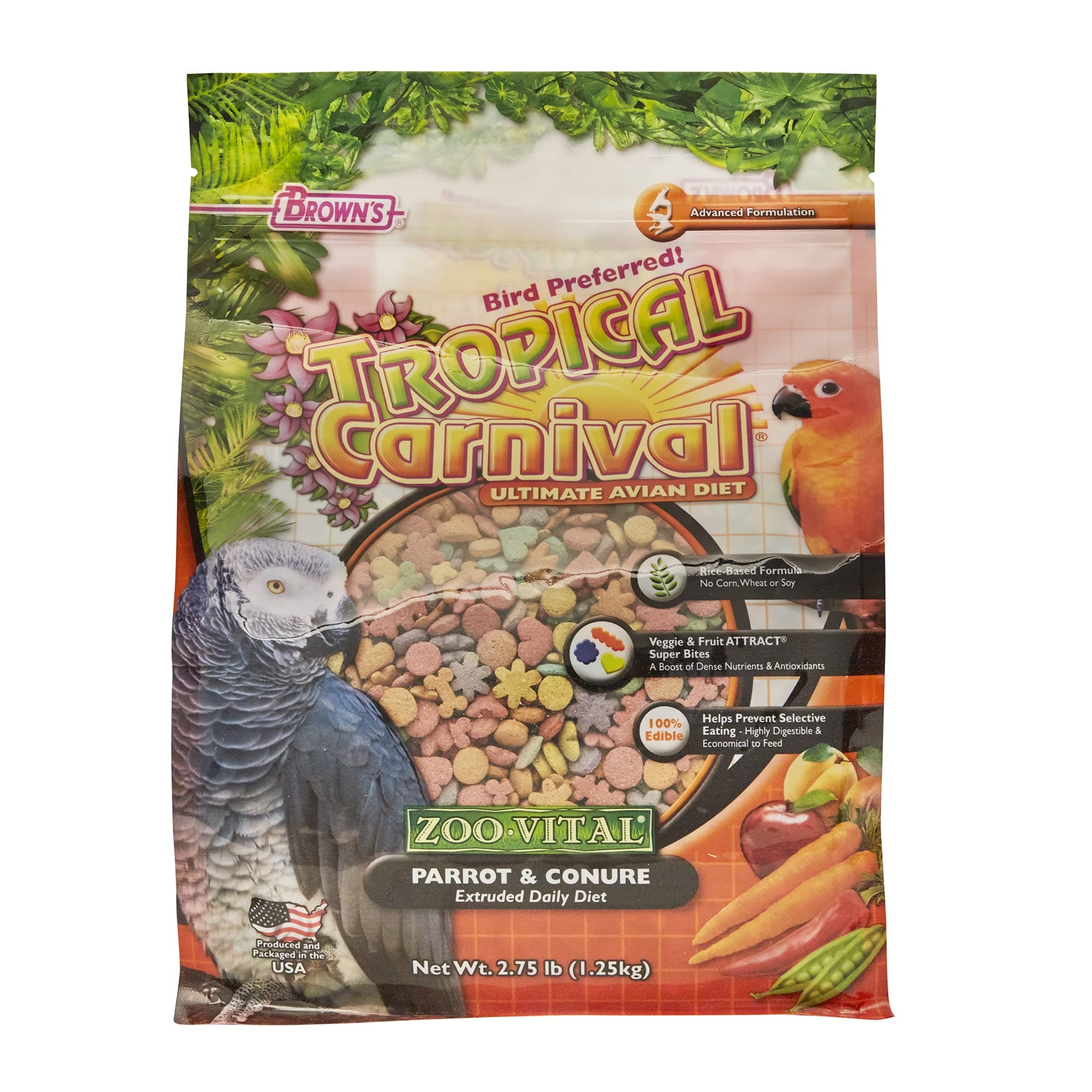 F.M. Brown's Tropical Carnival Zoo-Vital Parrot & Conure Pellet Daily Diet with Probiotics for Healthy Digestion, 2.75-lb Bag - Grain-Free, Rice-Based Formula, 100% Edible, Prevents Selective Eating