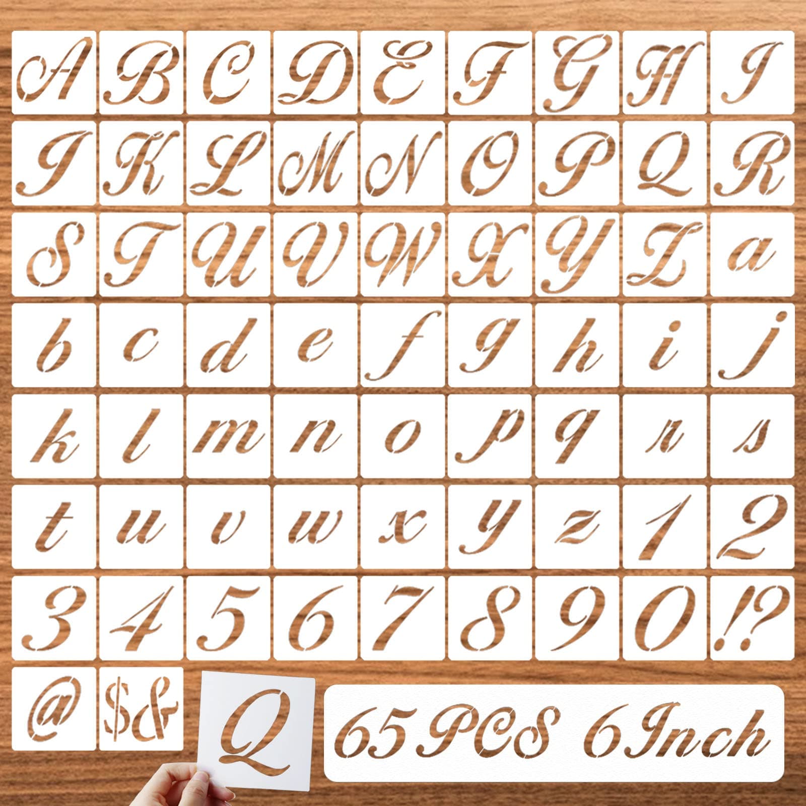 6 Inch Letter Symbol Stencils for Painting on Wood, 65 Pcs Alphabet Drawing Templates with Calligraphy Large Font and Cursive Letters Numbers Signs, Reusable Plastic Art Craft Stencils