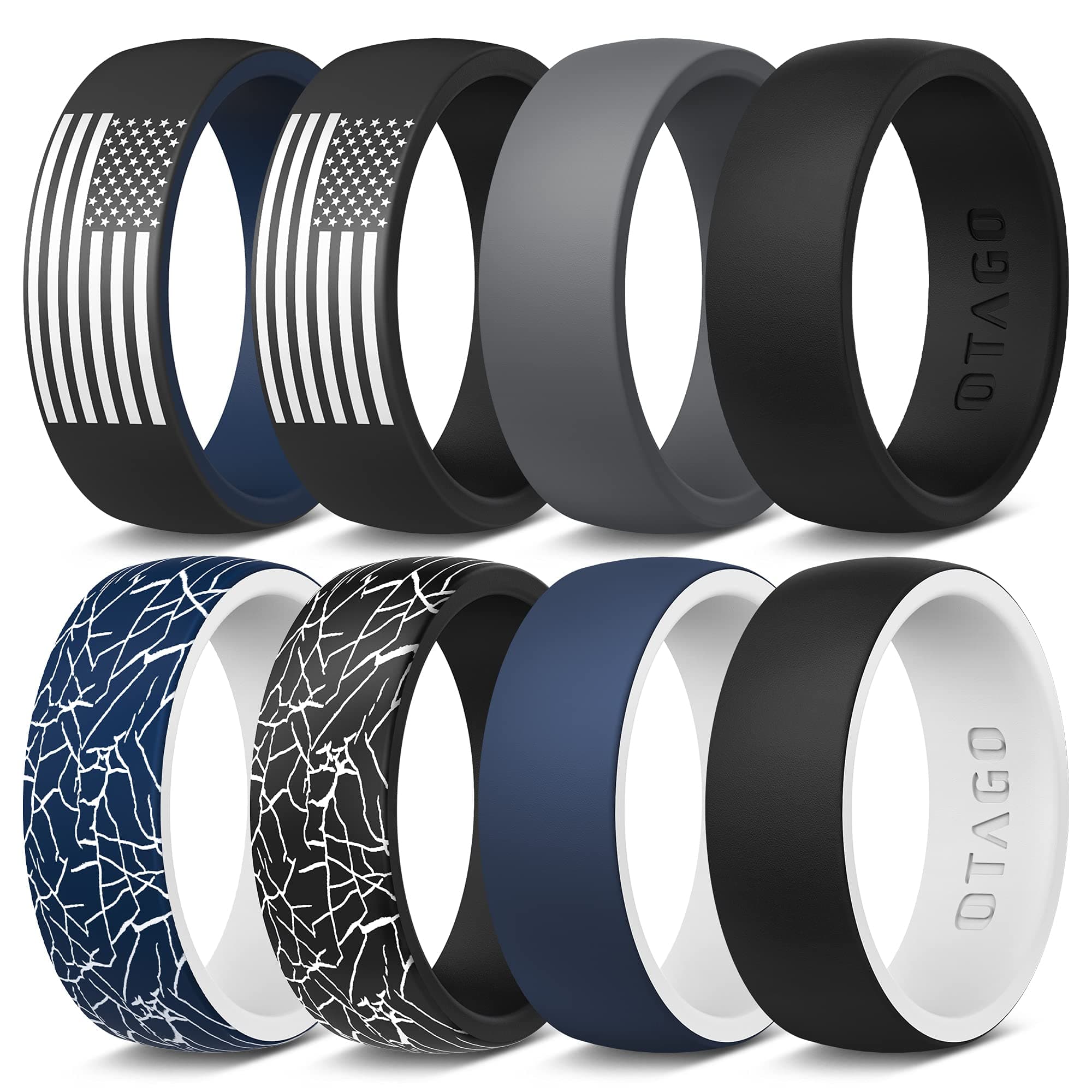 OTAGO Silicone Wedding Rings Mens, 2 Rings / 5 Rings / 8 Rings Multipacks of Comfortable, Unique Painting Design Rubber Silicone Ring Men with 8 mm Wide and 2 mm Thick