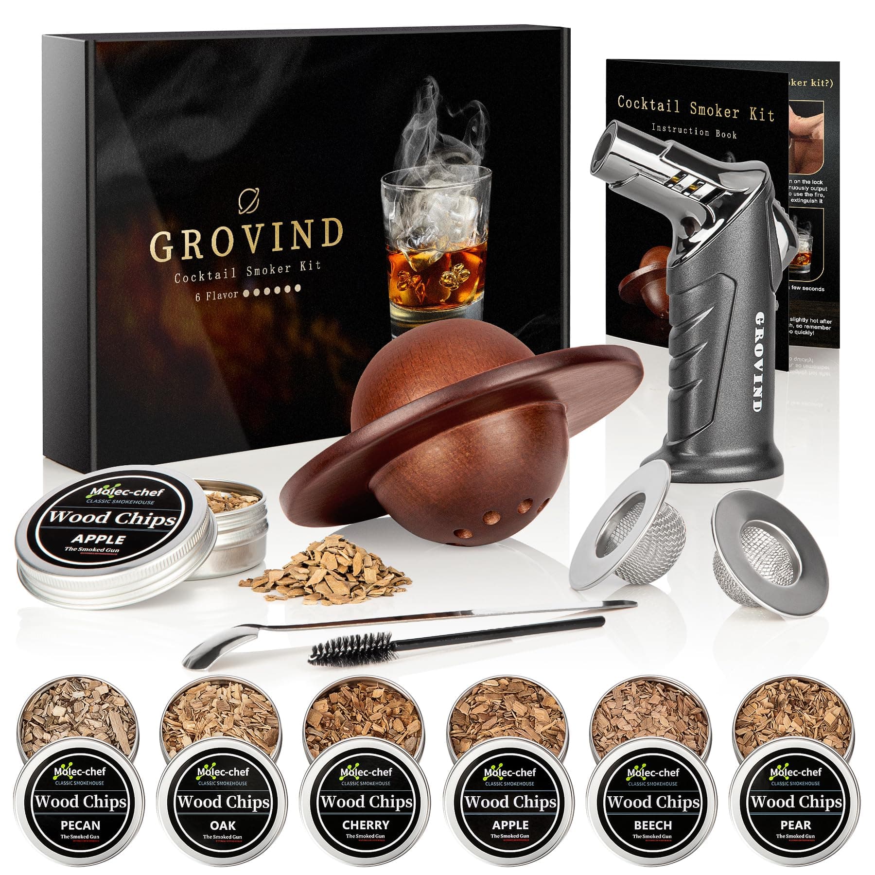 Cocktail Smoker Kit with Torch[6 Flavors Wood Chips], Bourbon/Whiskey Old Fashioned Smoker Kit, Drink Smoker Infuser Kit Great Gifts for Men, Dad, Husband (Without Butane)