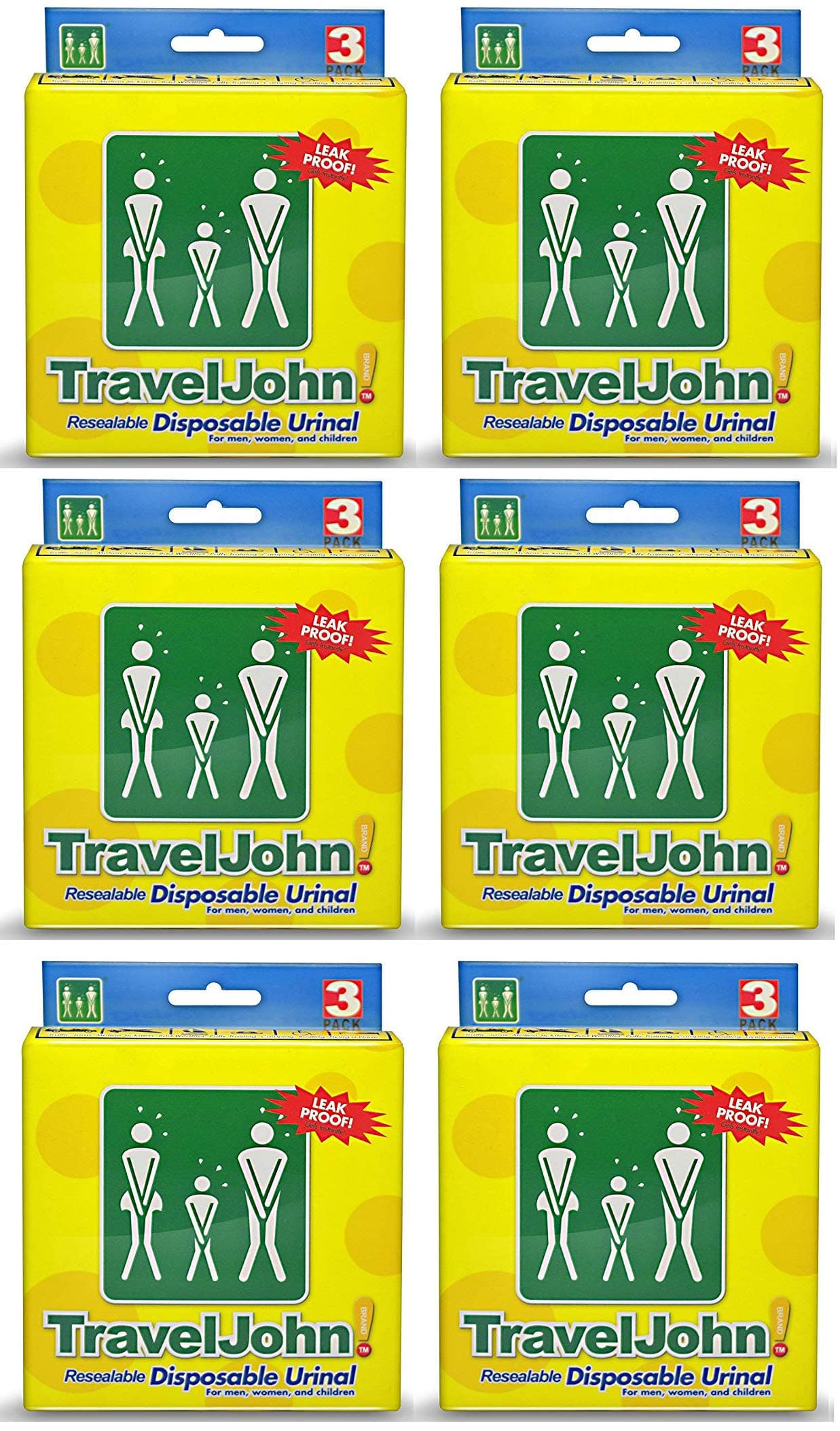 TravelJohn Disposable Urinal Bag - 6 x 3 pack (18 urinals)