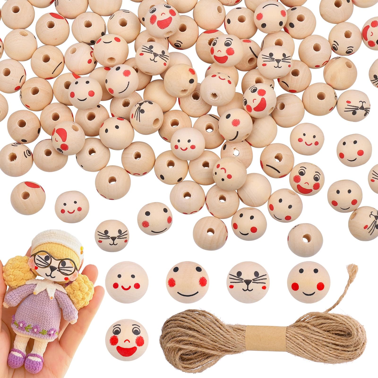 Pack of 100 Wooden Beads with Face, 20 mm Wooden Balls with Hole, Large Wooden Beads Natural for Crafts, Threading Macrame, DIY Jewellery, Making Necklaces, Bracelets (with 10 Metre Cord)