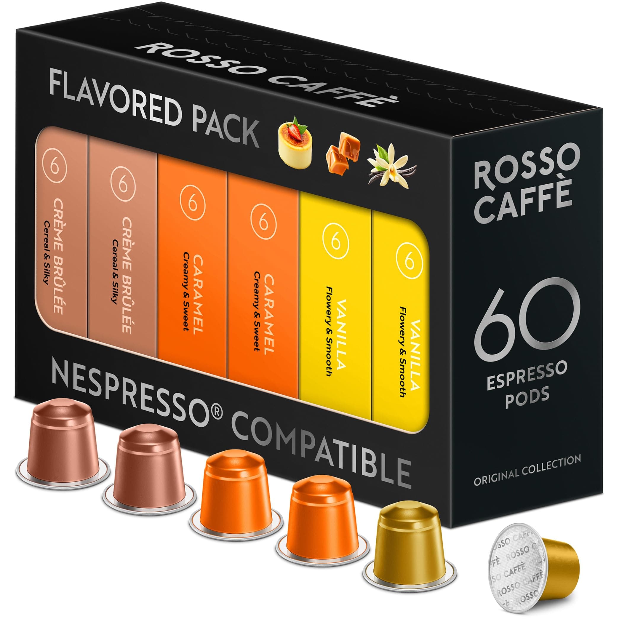 Rosso Cafe 60 Cups for Nespresso Machines, Coffee Aluminum, Compatible Capsules, Rosso Caffe Capsules, Flavor Pack, 3 Types x 20 Cups of Vanilla, Caramel, Cream Brulee, Nespresso "Original" Machines Compatible