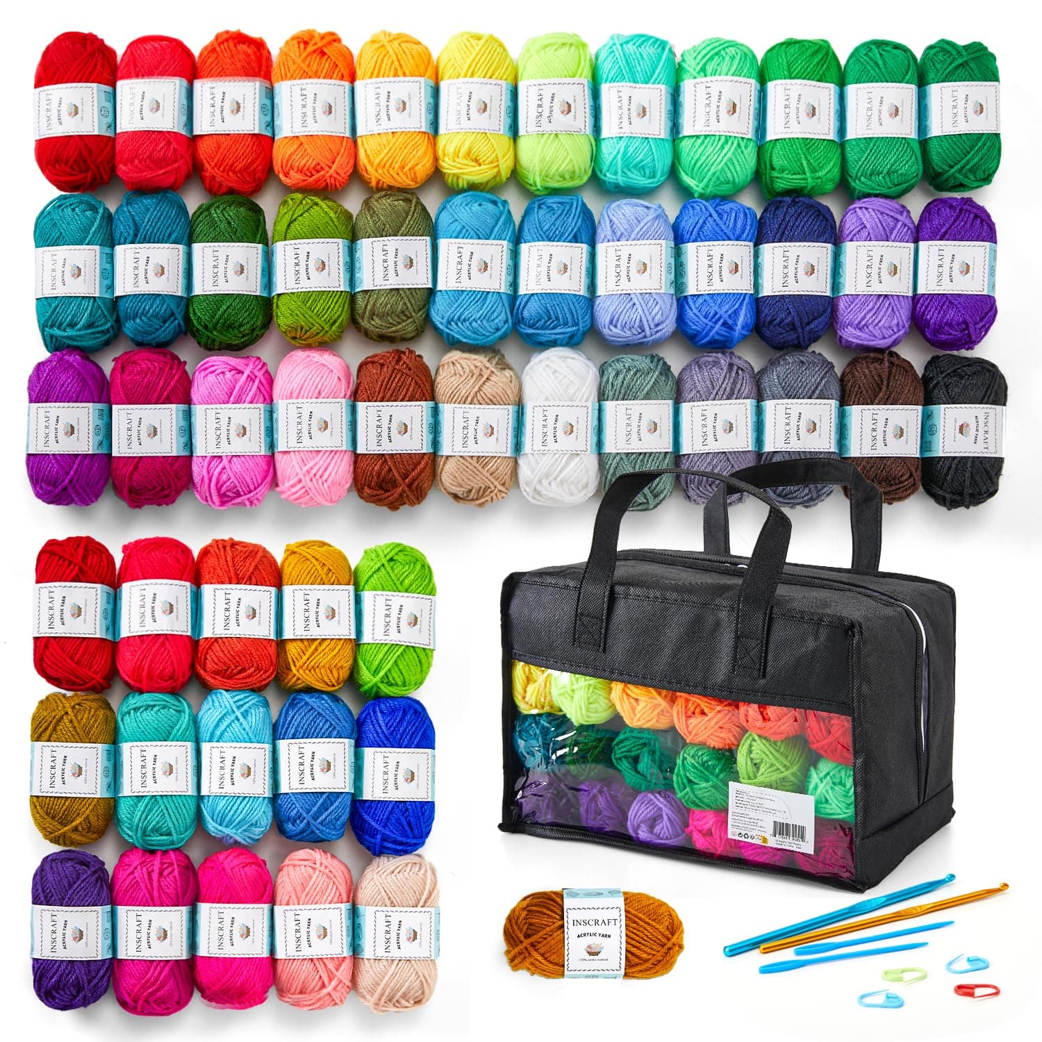 Inscraft Acrylic Yarn 52-Color Set 1 Ball 16g Crochet Hook, Tapestry Needle, Stitch Markers Included Soft Yarn for Dishcloth, Scarf, Hat Knitting, Accessories, Decoration, Comes with Case, Mother's