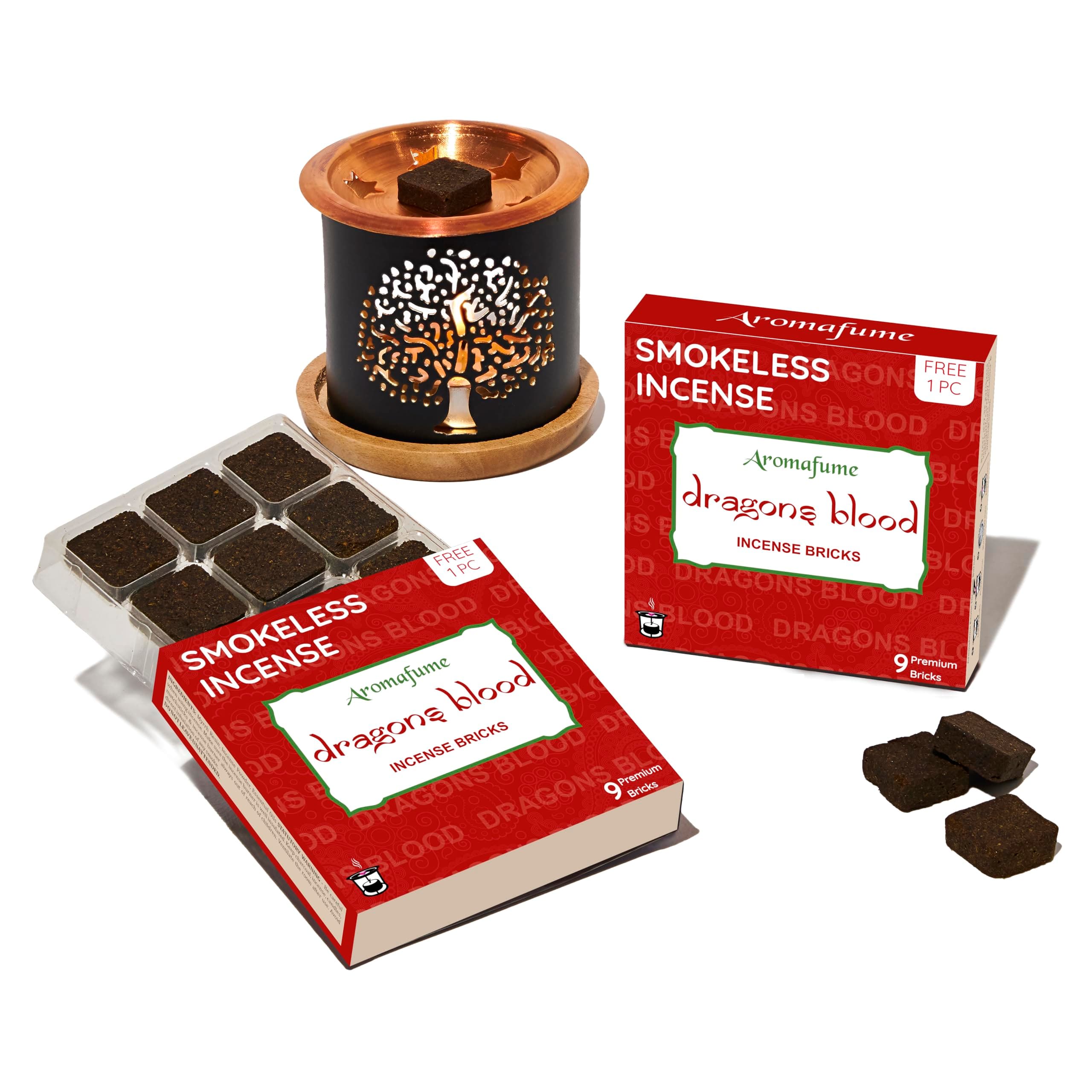 AromafumeDragons Blood Incense Bricks (2 Trays x 9 Pieces Each) with Tree of Life Exotic Incense Diffuser | Ideal for Positive Vibe Generation, Meditation, Purification, Healing & Rituals