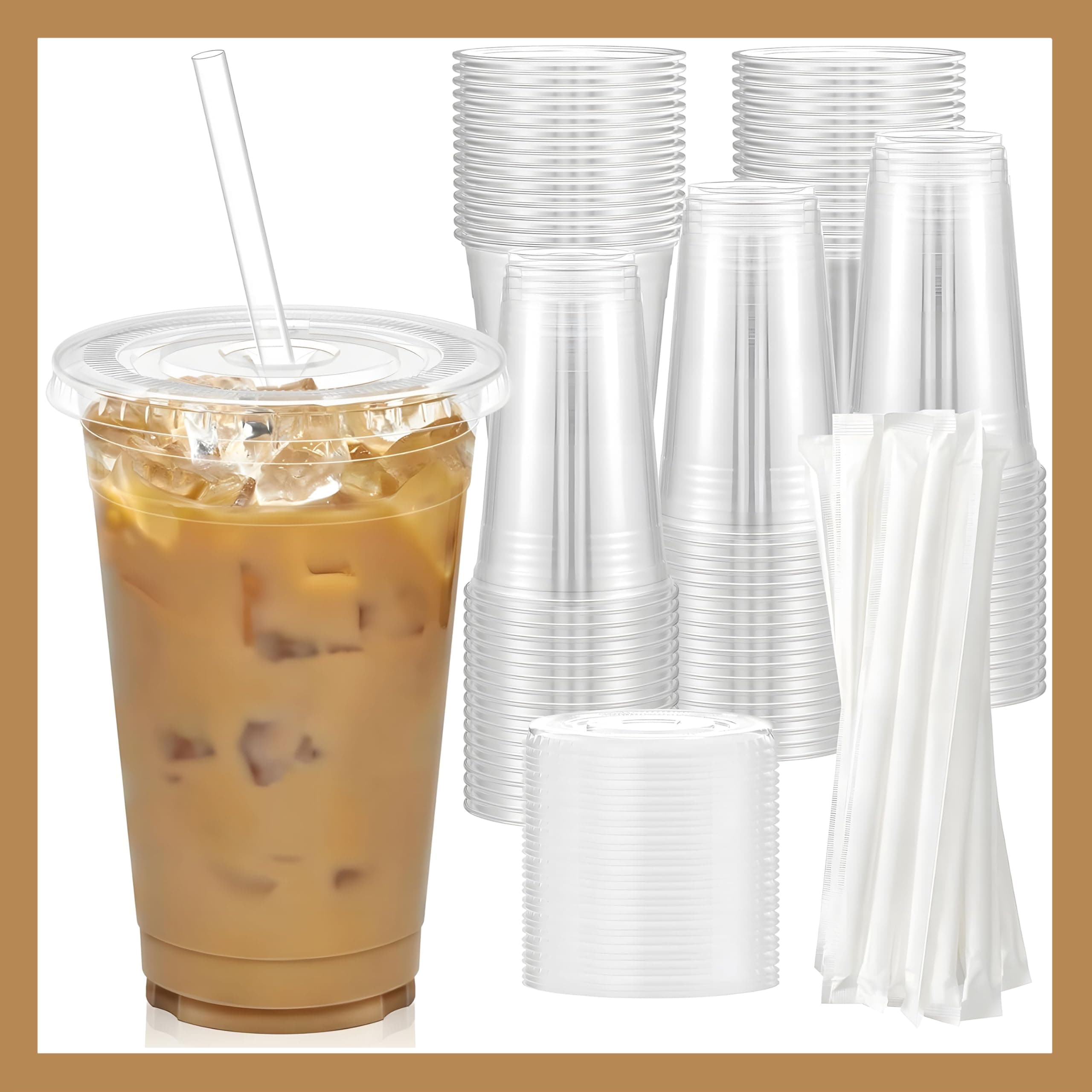 Plastic Clear Cups 20 oz with Lids and Straws 100 Set Disposable Cold Beverage Drinking Iced Coffee Water Juice Tea Party Travel Cafe Restaurant School Office Home Kitchen (100 Set, 20 oz)