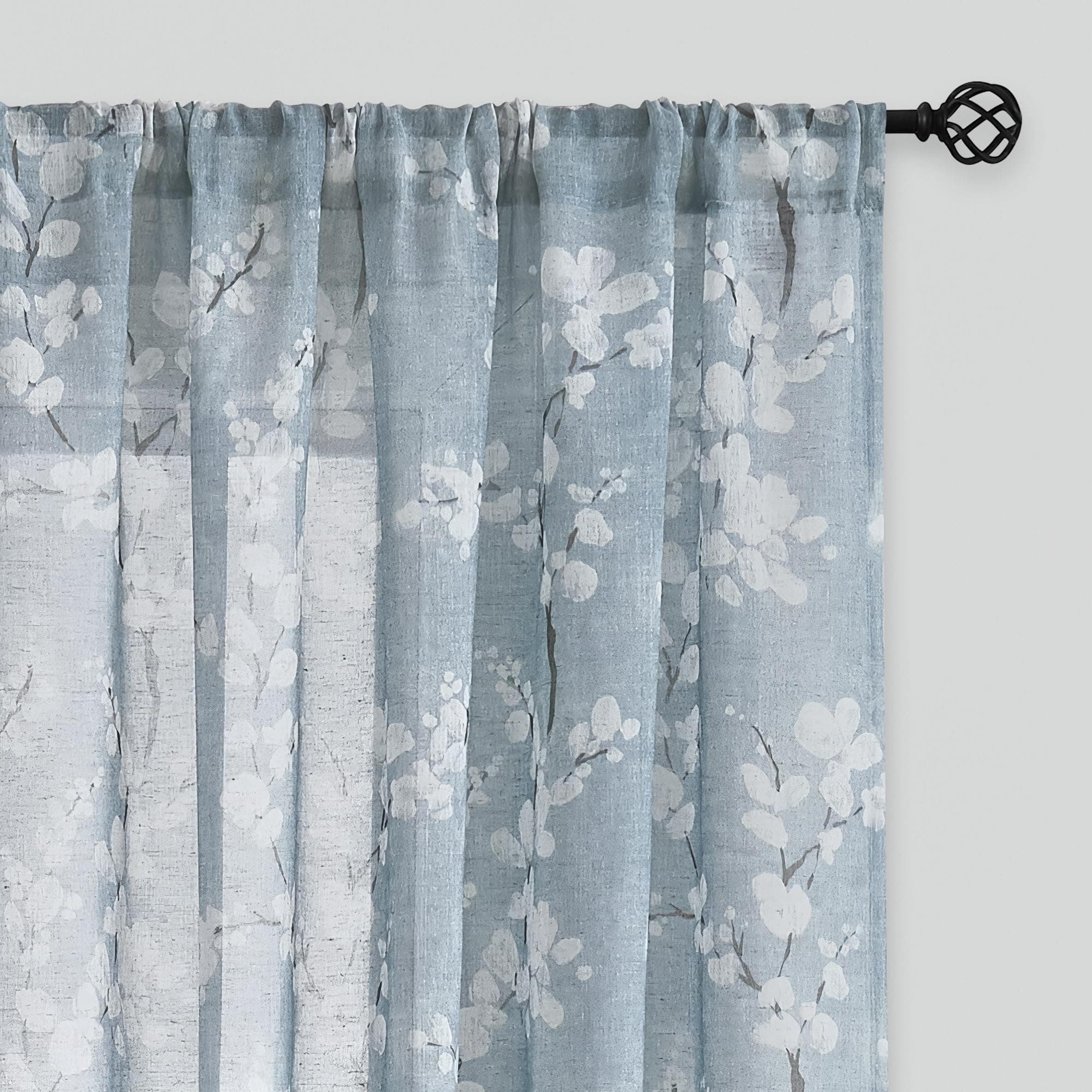 FMFUNCTEX Blue-White Sheer Curtains for Living-Room 84" Long Blossom Print on Flax Linen Blend Window Curtain Panels 2 Pack Rod Pocket, 50" w