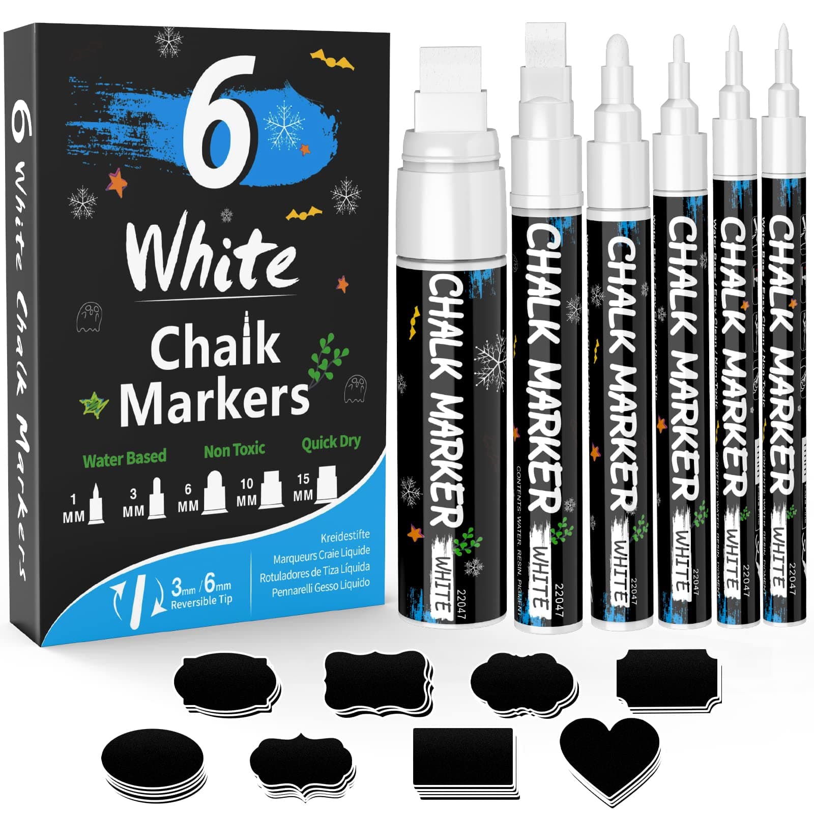 KERIFI White Liquid Chalk Pens, Window Markers for Glass Washable, for Just Married Car Decorations, Wedding Signs, Back to School Graduation Celebration, Bistro Jars Blackboard (6 Count 5 Nib Sizes)