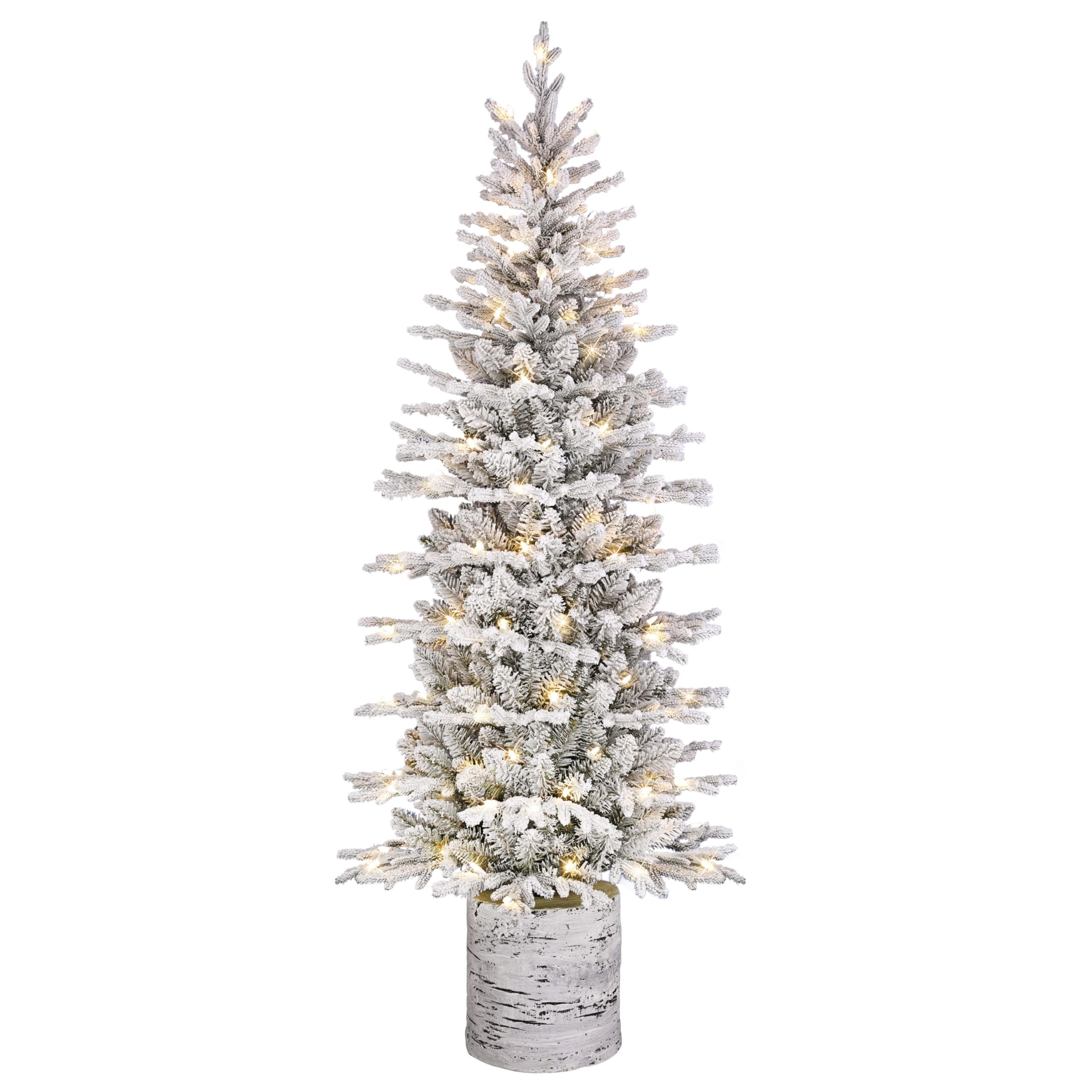 6ft Pre-Lit Potted Flocked Arctic Fir Pencil Christmas Tree with 120 Warm White Lights, 1325 Realistic Dense Snow Flocked Branch Tips, Easy Setup Artificial Trees with Sturdy Stand