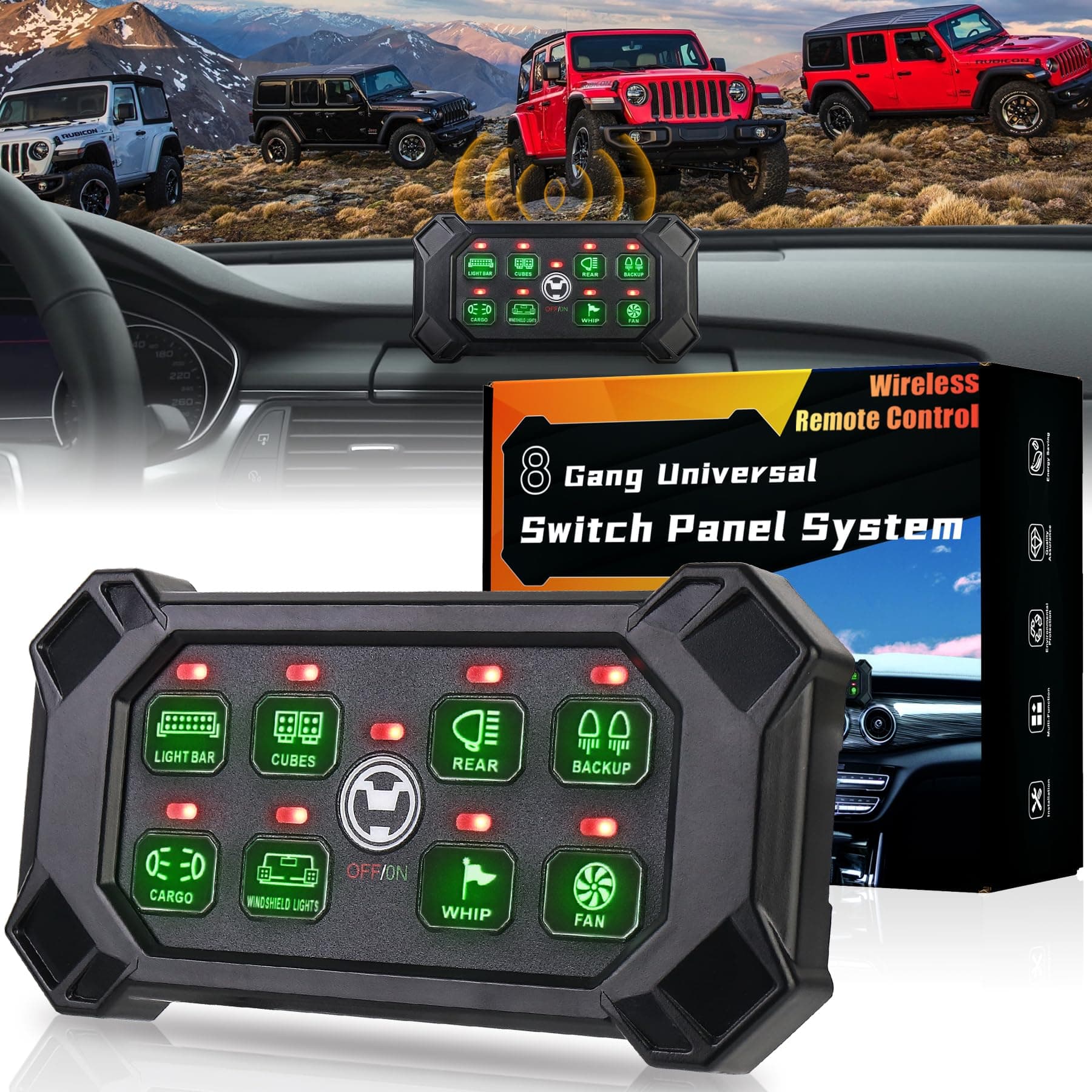 Wireless 8 Gang Switch Panel, Remote Control Switch Pod with Toggle Momentary Pulsed Waterproof Universal Circuit Control Relay System Box for Off Road Truck Jeep Boat SUV UTV ATV Camper