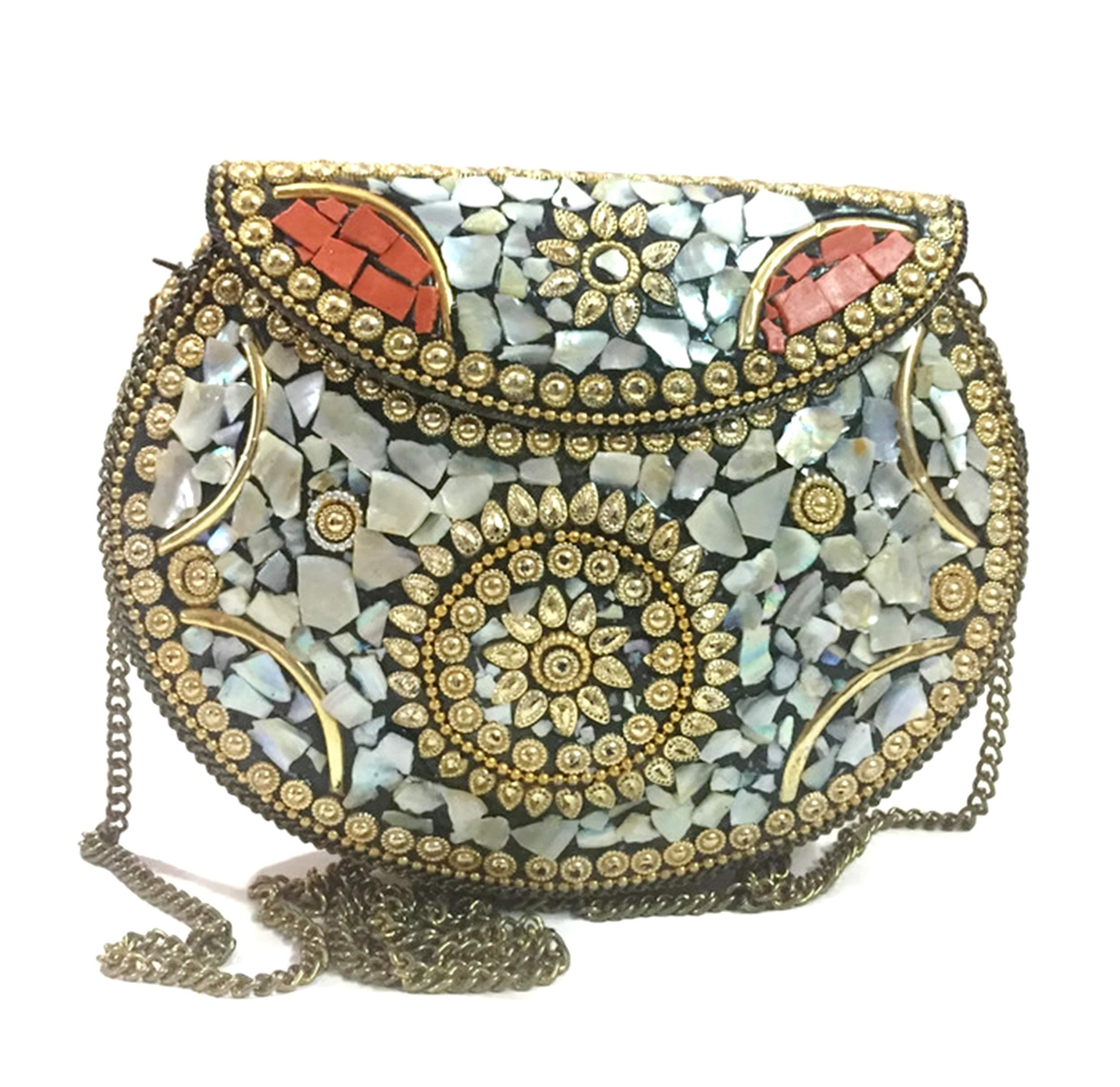 Bridal Sling Bag, Indian Ethnic Clutches for Women,Party bag for women,Wedding Box Clutch for Women Shell clutch MOP bag Metal purse wallet sling bag bridal bag