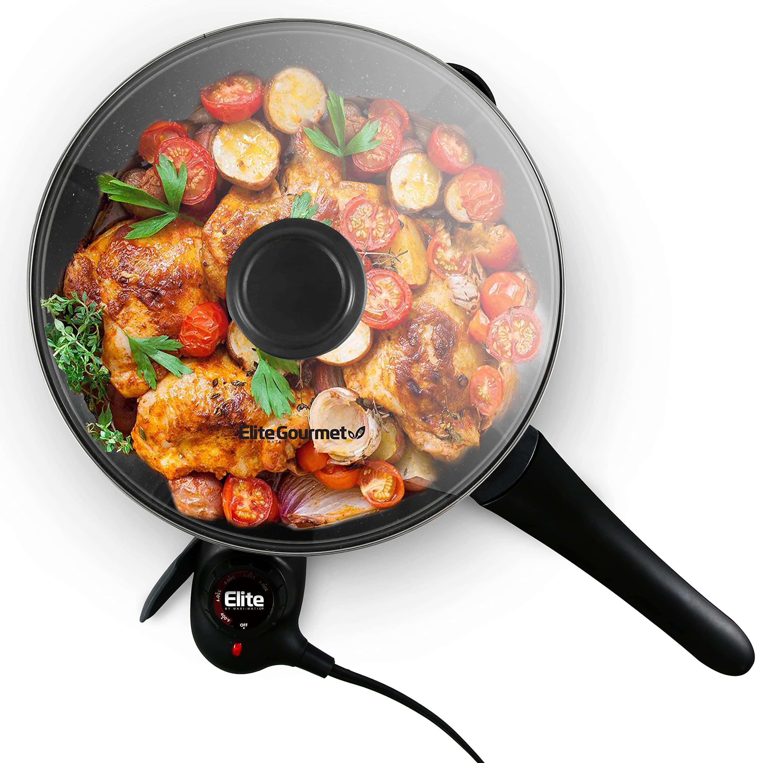 Elite Gourmet EG6207# Heavy Duty 10.5-inch Fry Pan, Easy-Pour Spout, 1000W-1200W Dishwasher Safe, Rapid Heat Up, Non-Stick Electric Skillet with Tempered Glass Vented Lid, Trigger Release Probe, Black
