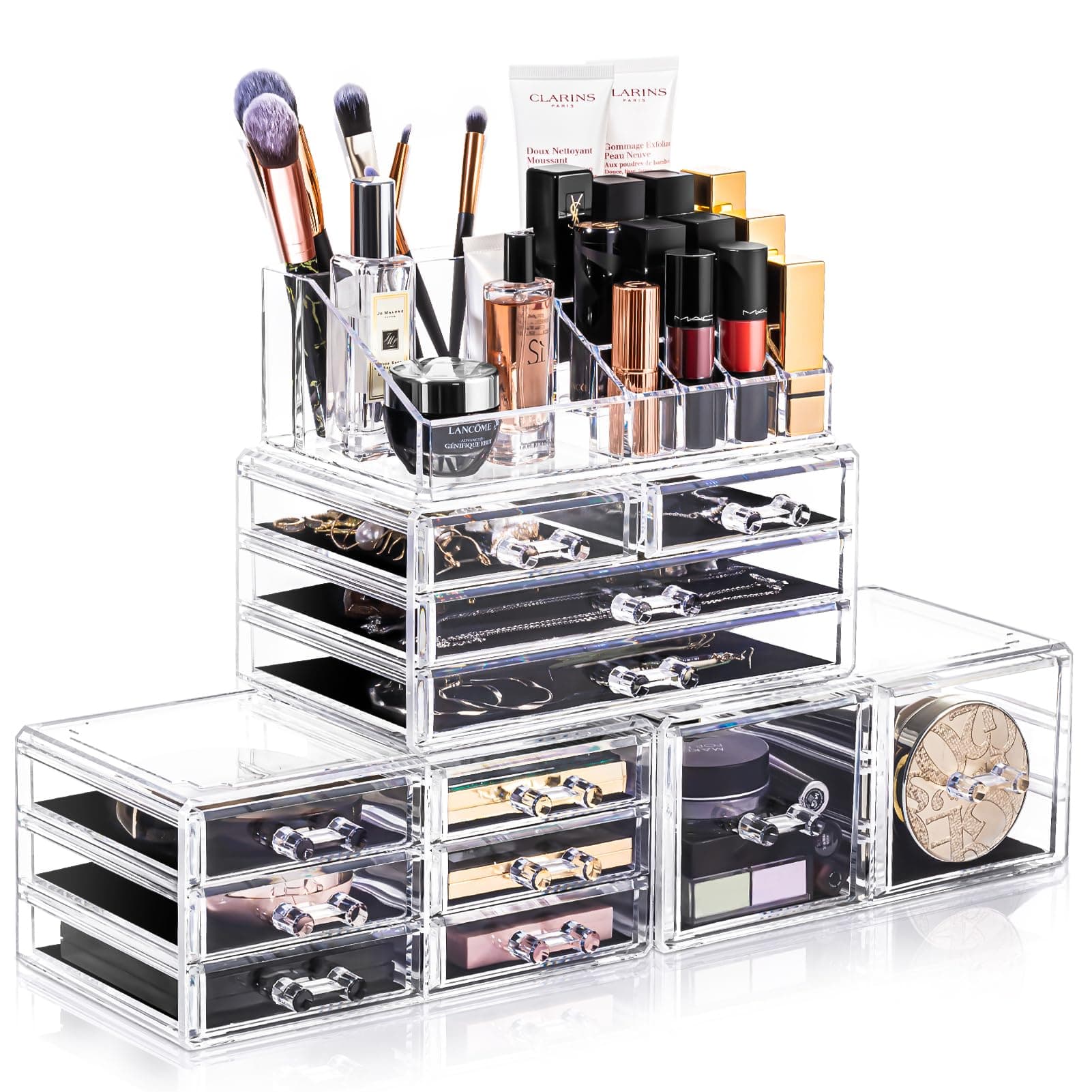 Makeup Organizer 4 Pieces, Acrylic Makeup Storage Box with 12 Drawers for Lipstick Jewelry and Makeup Brushes, Stackable Vanity Organizer for Dresser and Bathroom Countertop1