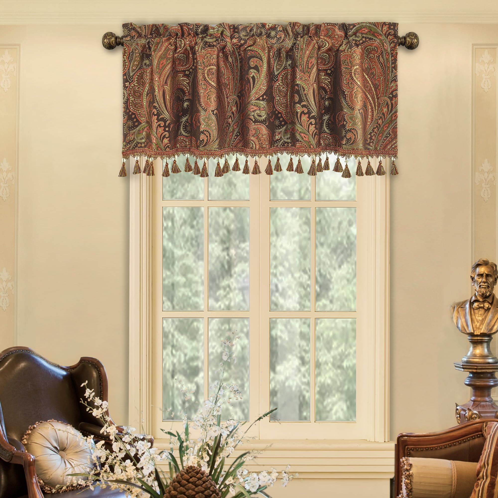 Loom and MillVintage Jacquard Valances for Living Room Window, Classic Paisley Design Window Curtain Valance with Tassel Trim, Rod Pocket Blackout Short Curtain 1 Panel for Bedroom Kitchen, 54” x 18