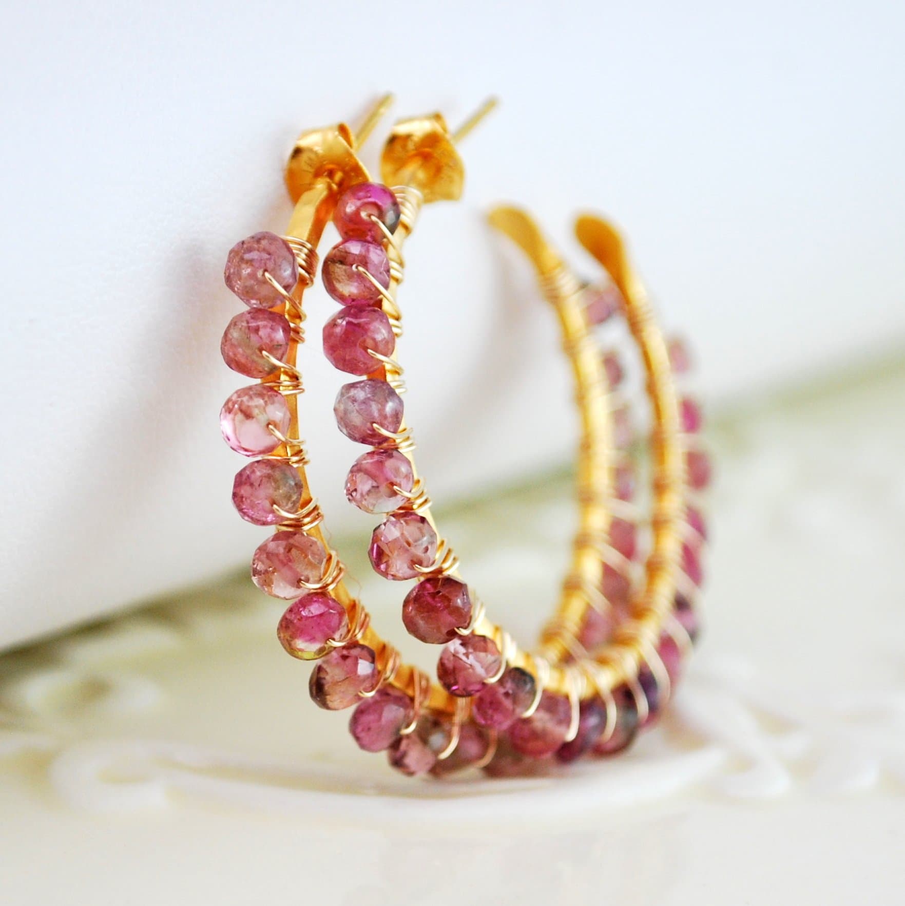 Watermelon Tourmaline Hoop Earrings Gold