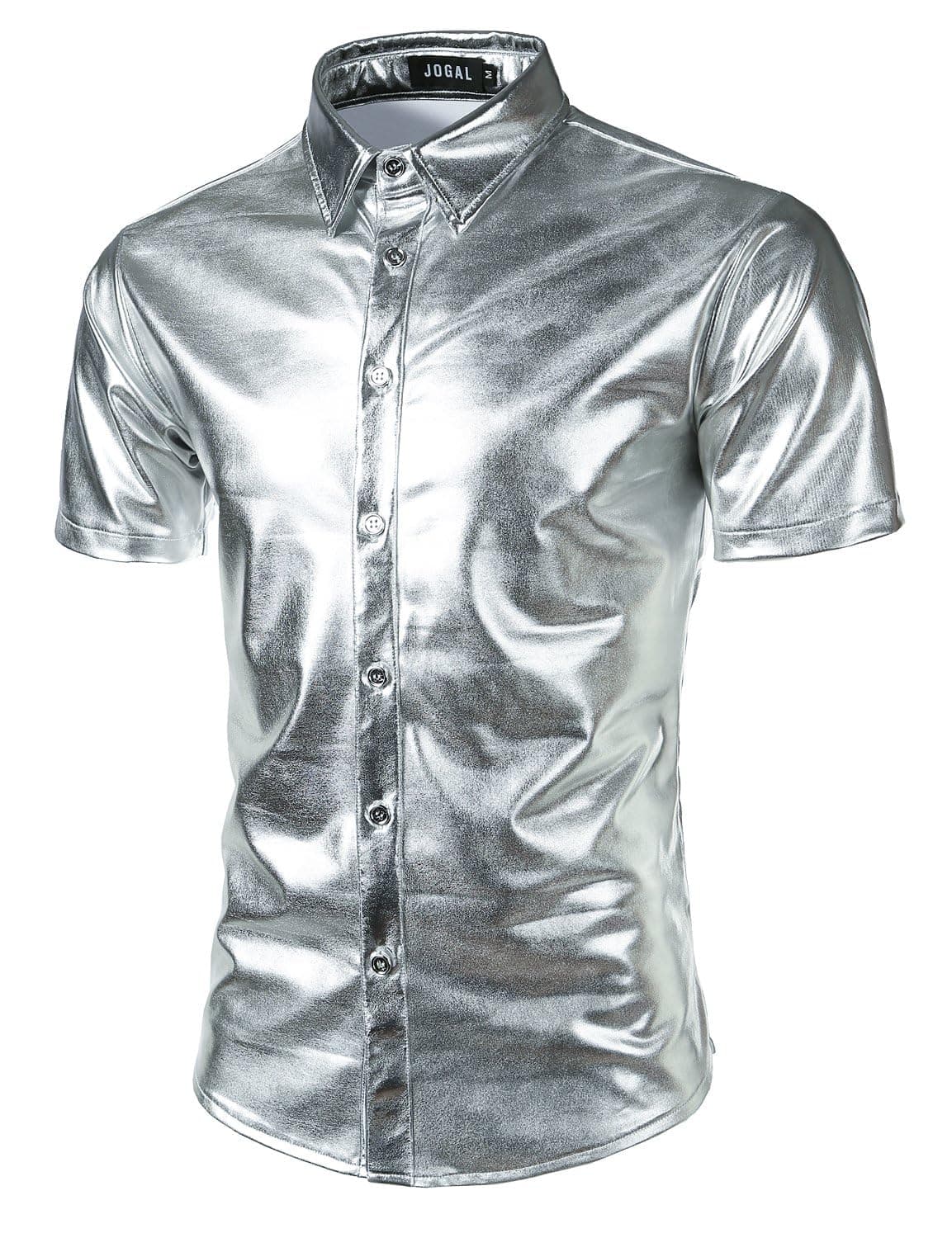 Men's 70s Disco Shiny Metallic Gold Silver Short Sleeve Button Down Shirt