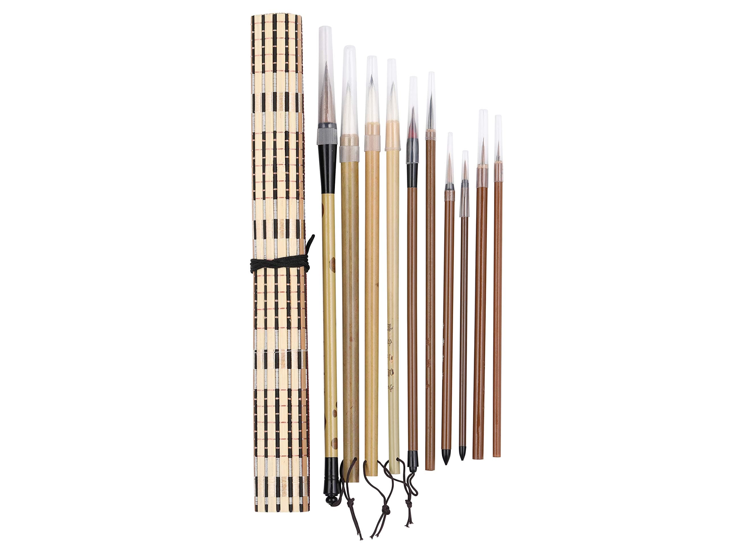 I-MART 10 Pcs Chinese Calligraphy Brush, Kanji Japanese Sumi Brushes, Writing Brush, Drawing Painting Brush Set with Roll Up Bamboo Holder