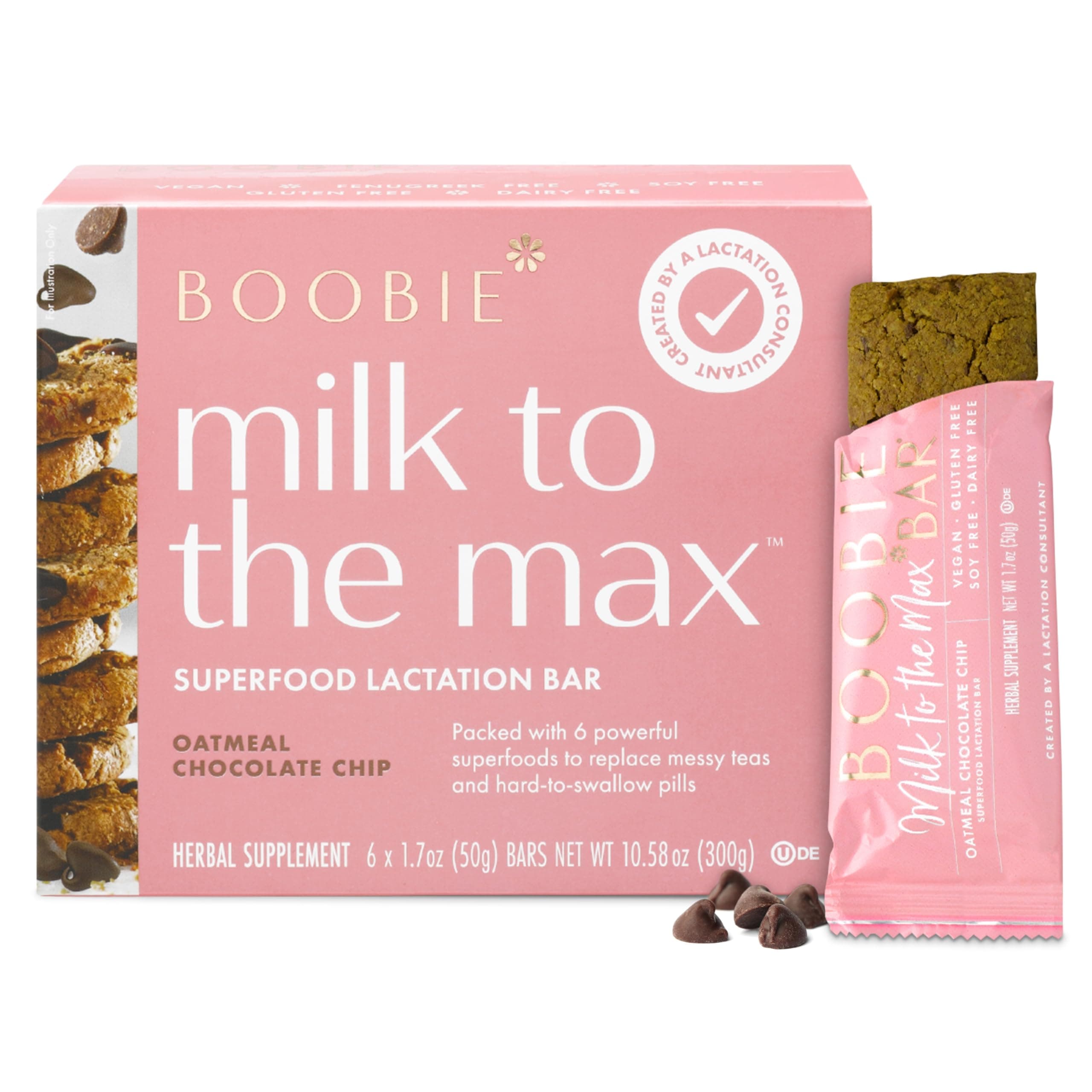 Boobie Bar Superfood Oatmeal Chocolate Chip Lactation Bar for Breastfeeding Moms to Increase Milk Supply | #1 Selling Lactation Snack Bars | Vegan, Fenugreek-Free, Gluten-Free, Dairy-Free (6 Bars)
